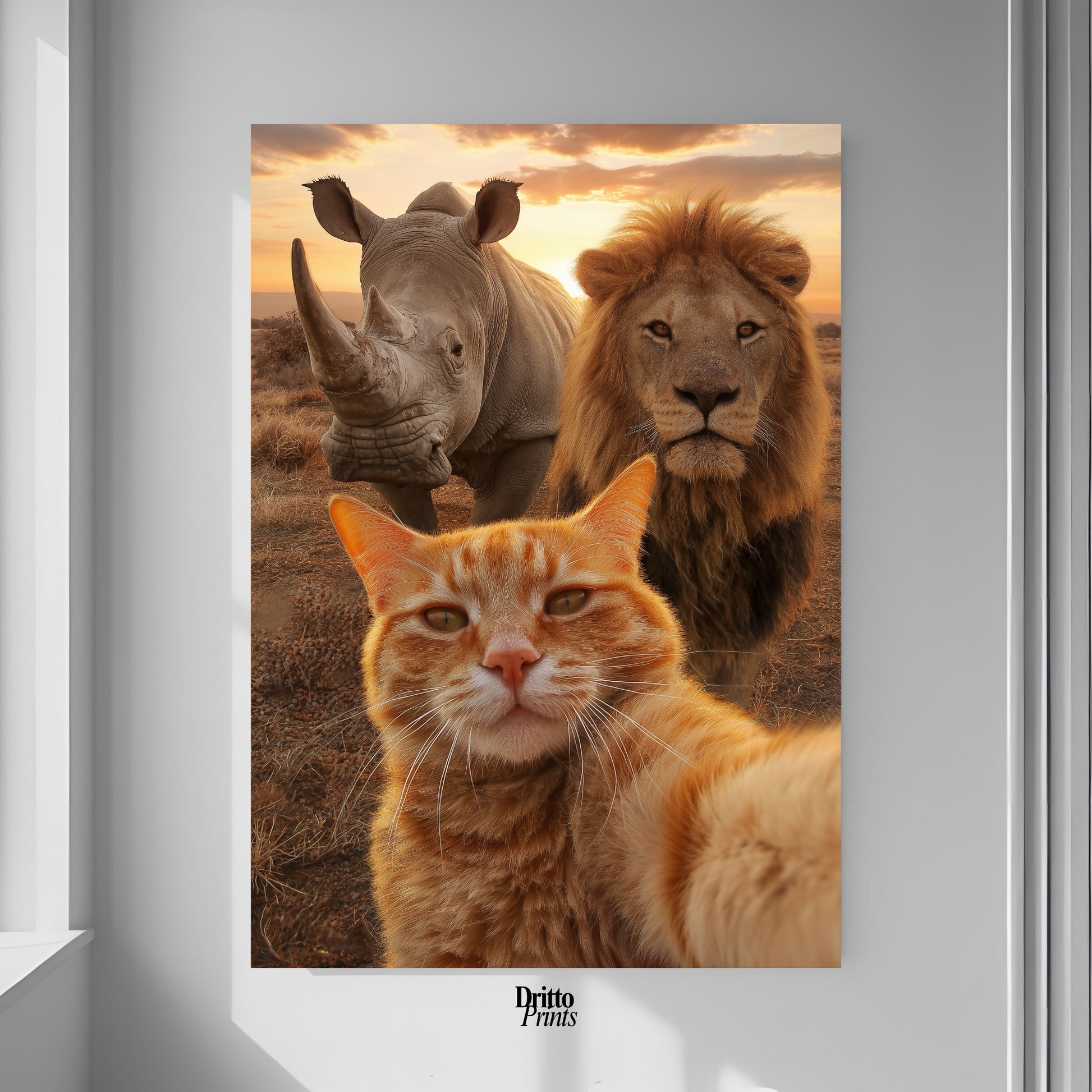 (PD26) Savannah Selfie: Tabby Cat, Lion & Rhino at Sunset Poster