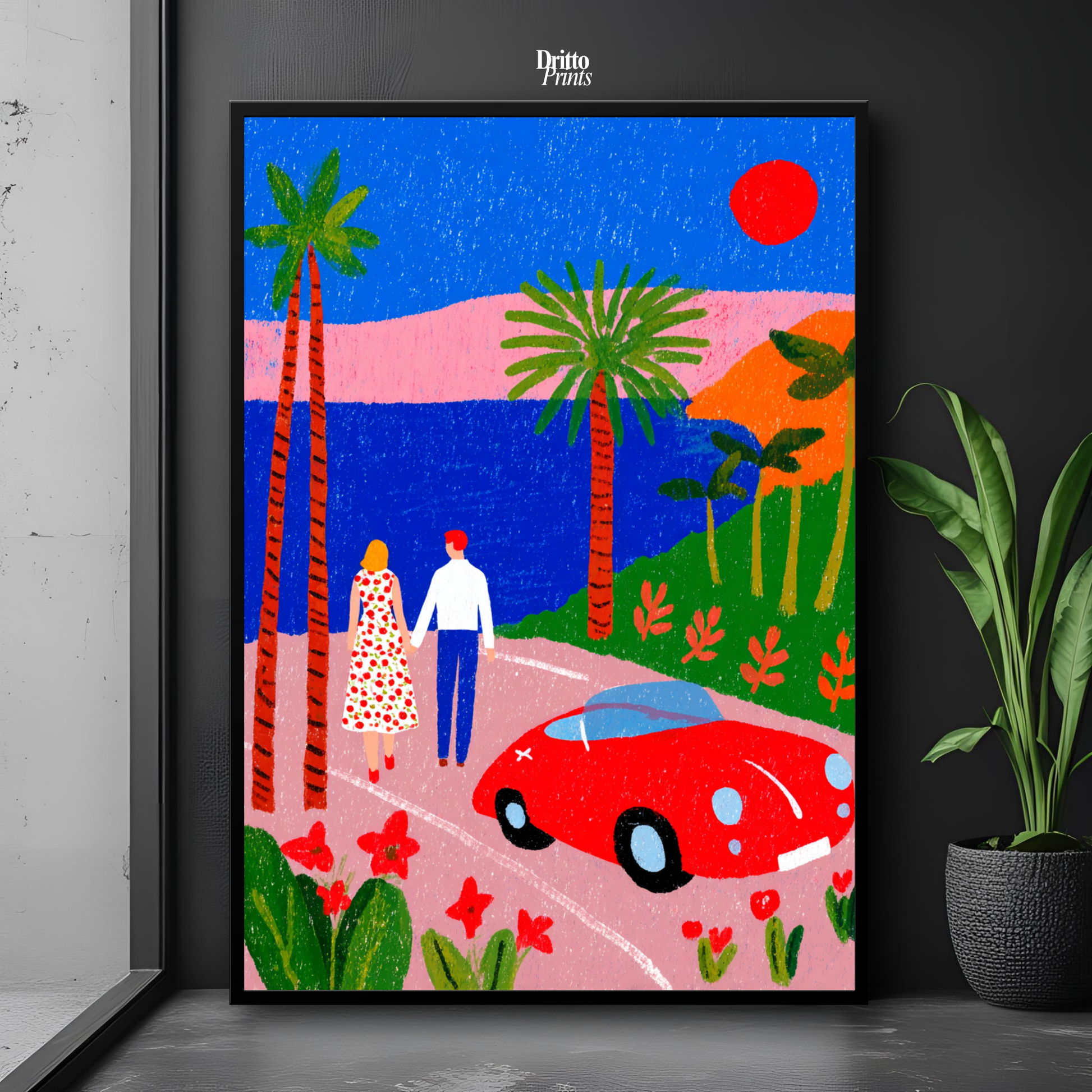 (FD40) Morning Stroll by the Porsche – 1980s California Framed matte paper poster