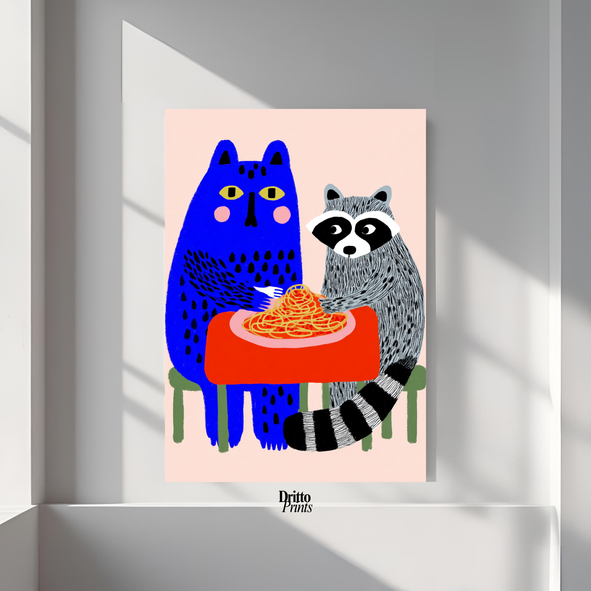 (PD44) Cat & Raccoon Dining Spaghetti - Poster