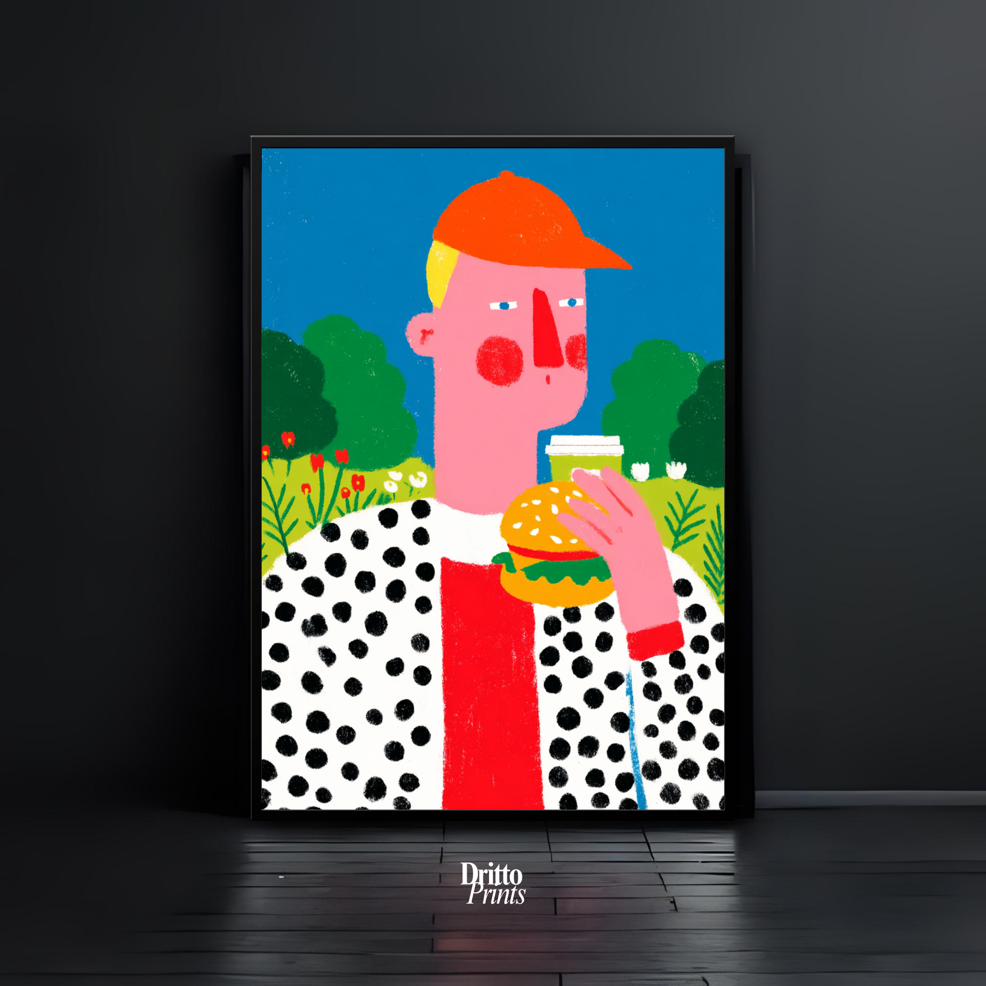 (FD45) Man Eating Burger in the Field –Framed matte paper poster
