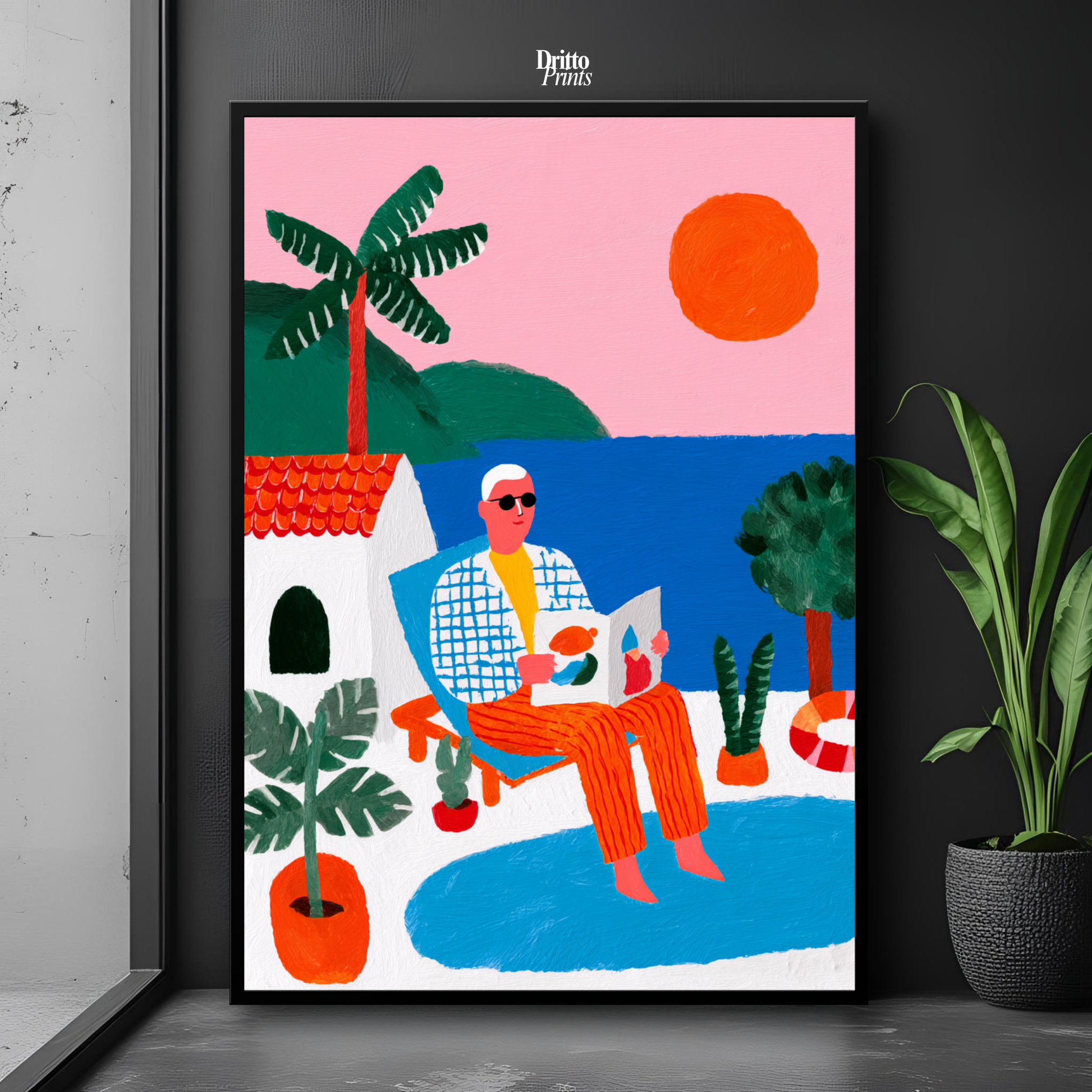 (FD37) Morning Glow by the Pool – 1980s Villa Scene Framed matte paper poster
