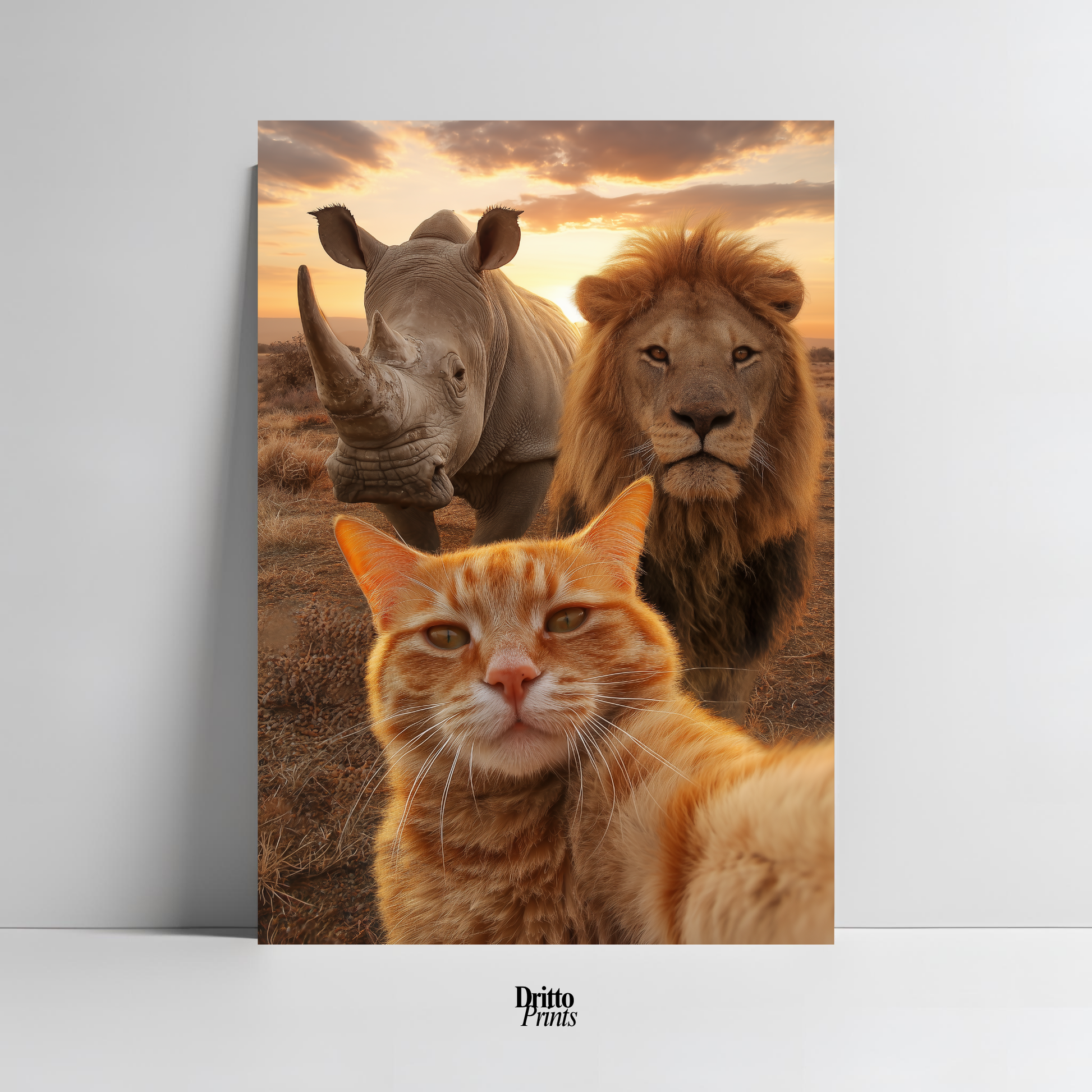 (PD26) Savannah Selfie: Tabby Cat, Lion & Rhino at Sunset Poster