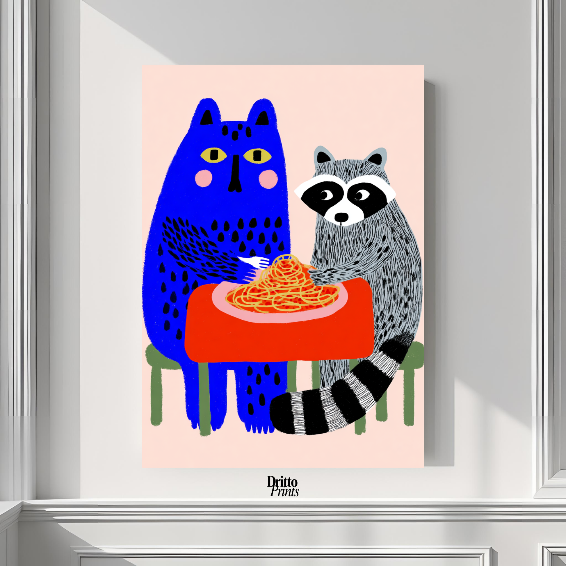 (PD44) Cat & Raccoon Dining Spaghetti - Poster