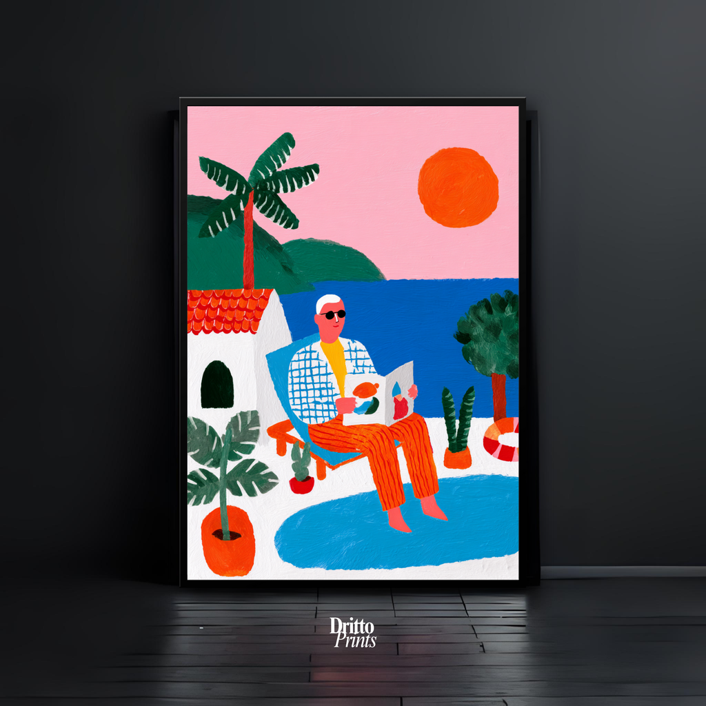 (FD37) Morning Glow by the Pool – 1980s Villa Scene Framed matte paper poster