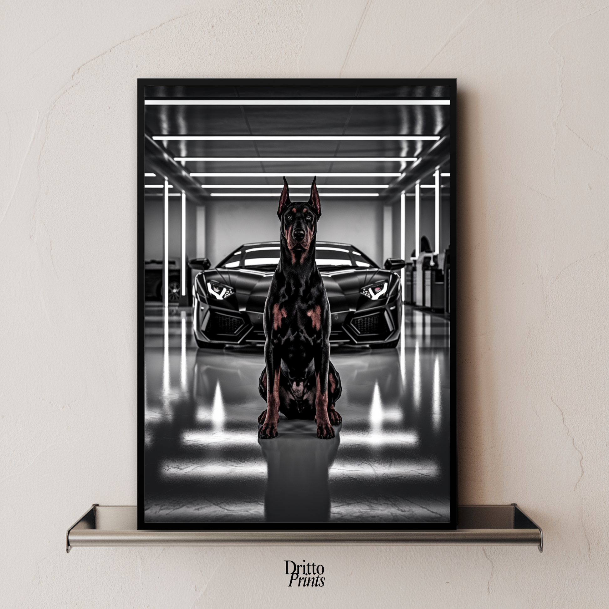 (FD6) The Garage King – Doberman and Aventador - Framed matte paper poster