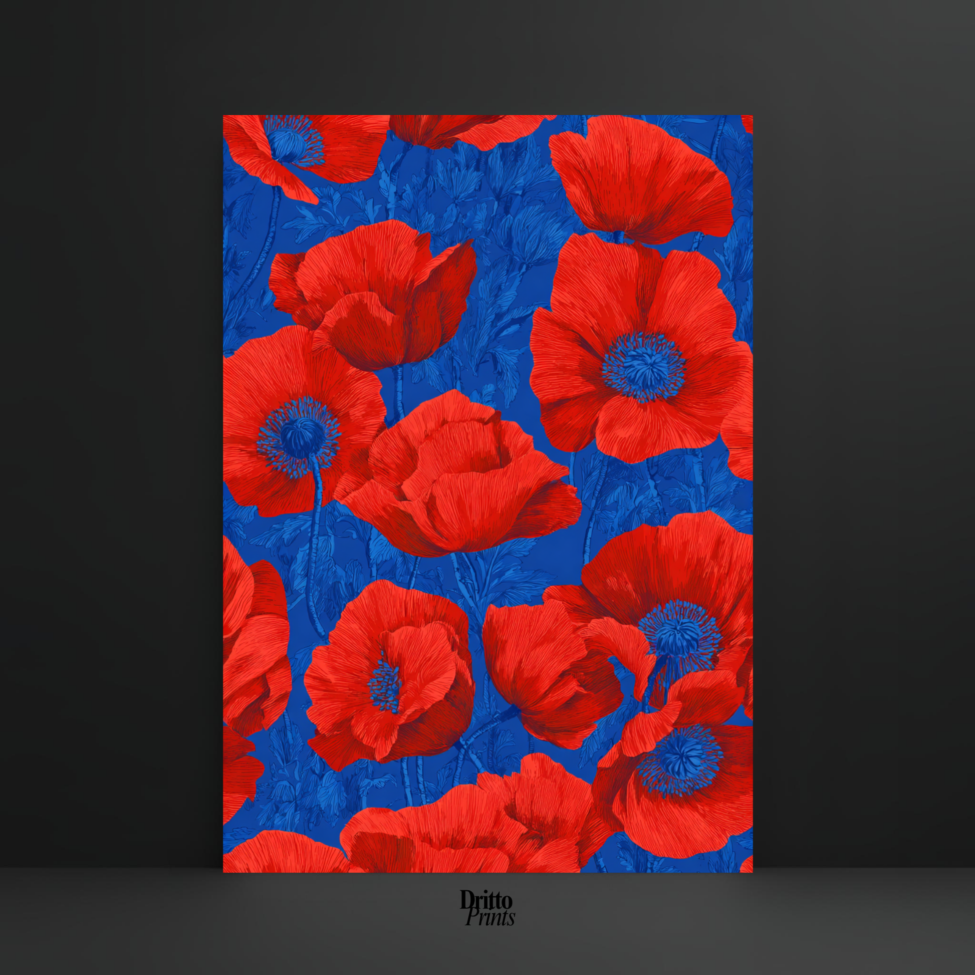 (CD9) Deco Bloom – Red Poppies on Blue Canvas