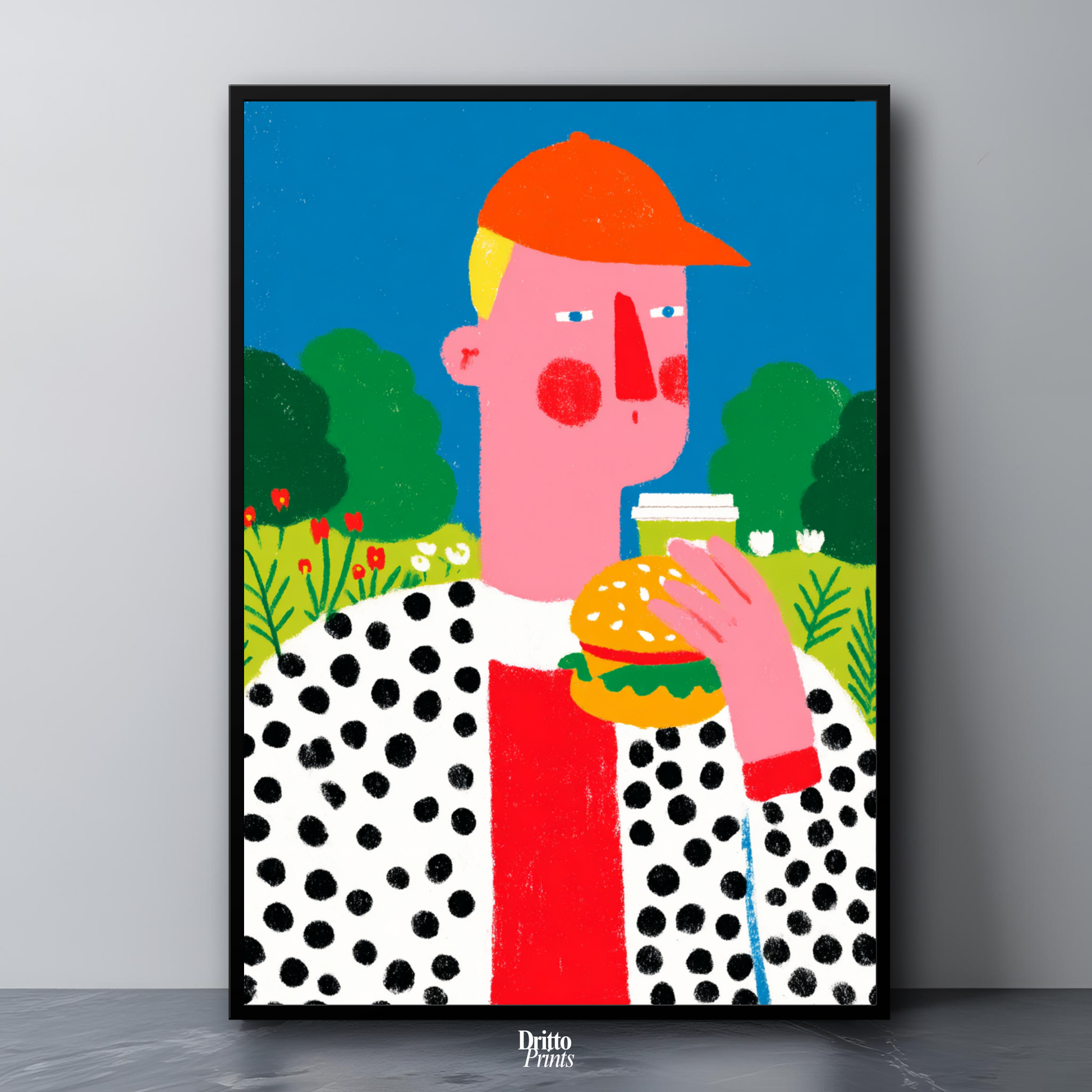 (FD45) Man Eating Burger in the Field –Framed matte paper poster