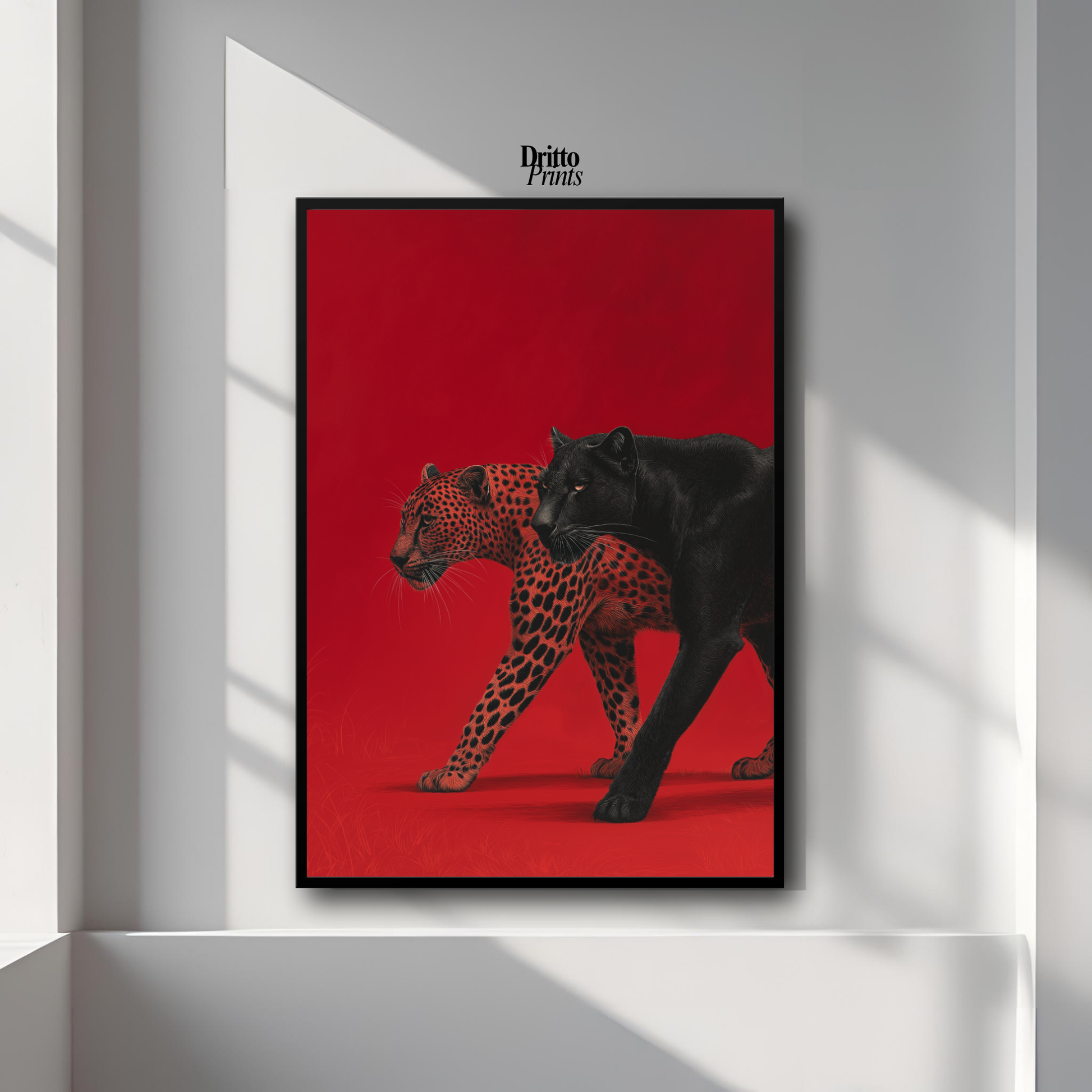 (FD32) Wild Pair – Black Panther & Cheetah Silhouette on Red Framed matte paper poster