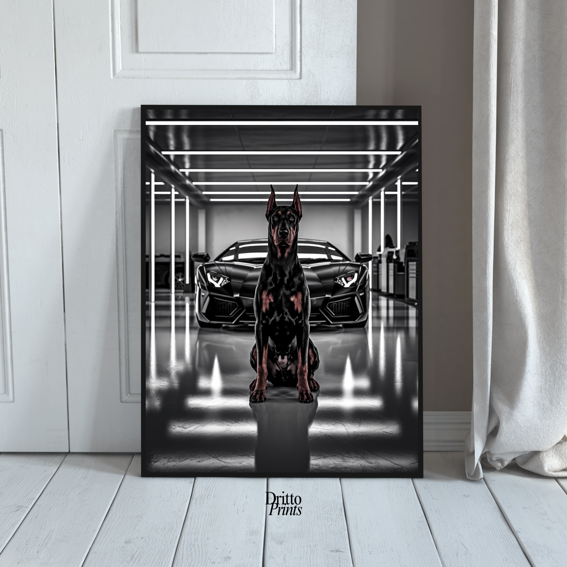 (FD6) The Garage King – Doberman and Aventador - Framed matte paper poster
