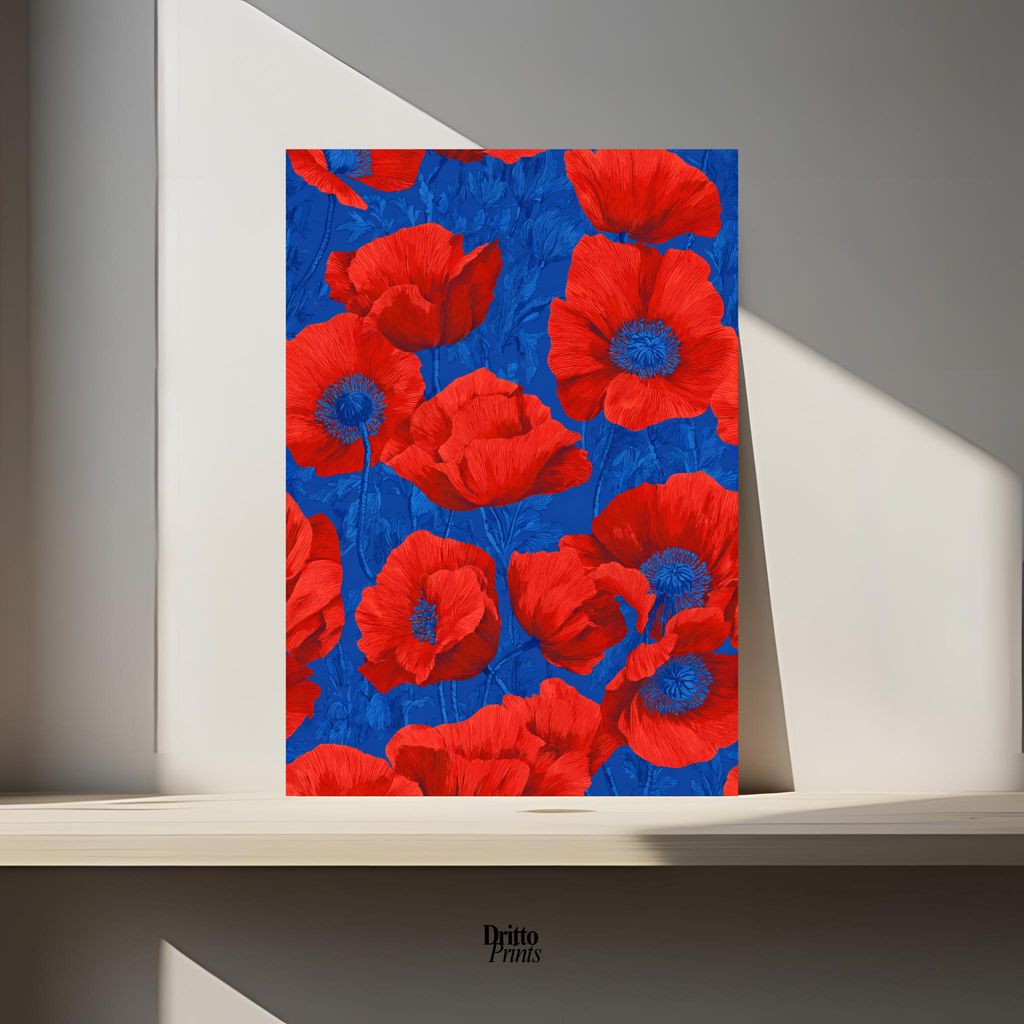 (CD9) Deco Bloom – Red Poppies on Blue Canvas