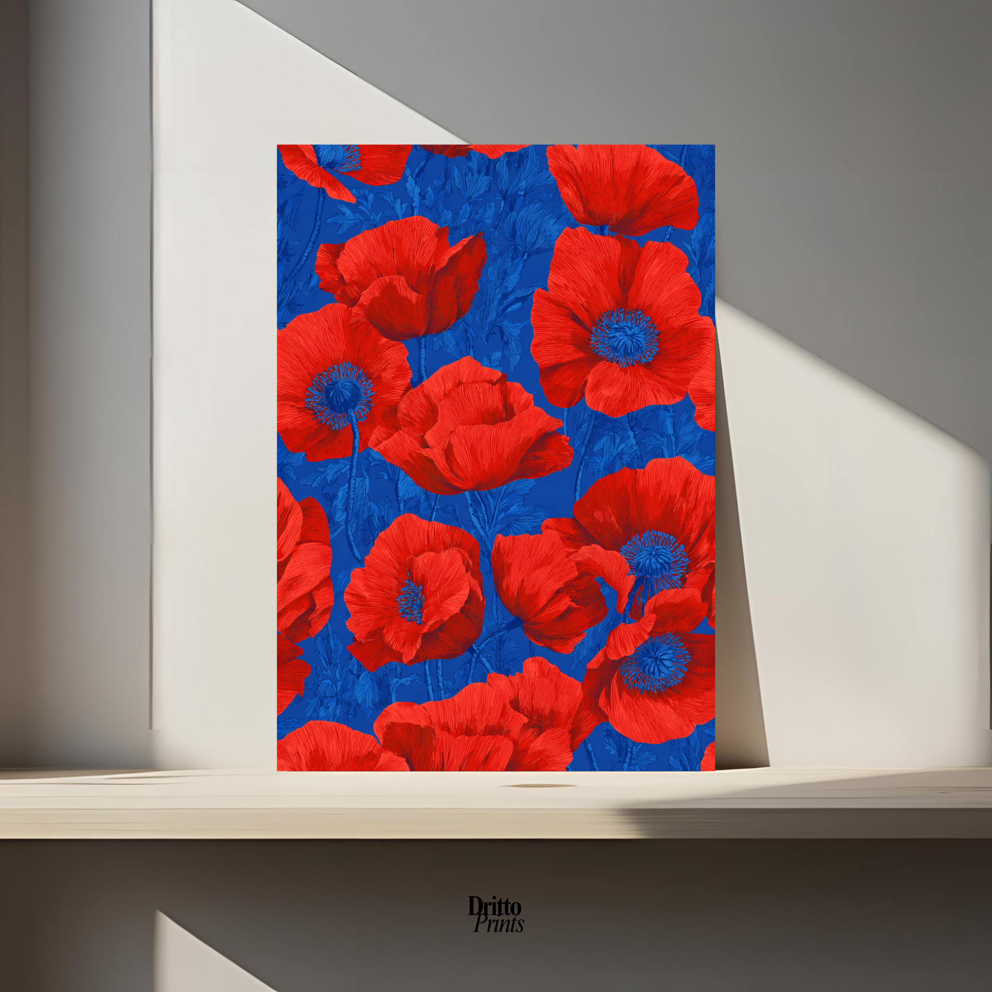 (CD9) Deco Bloom – Red Poppies on Blue Canvas