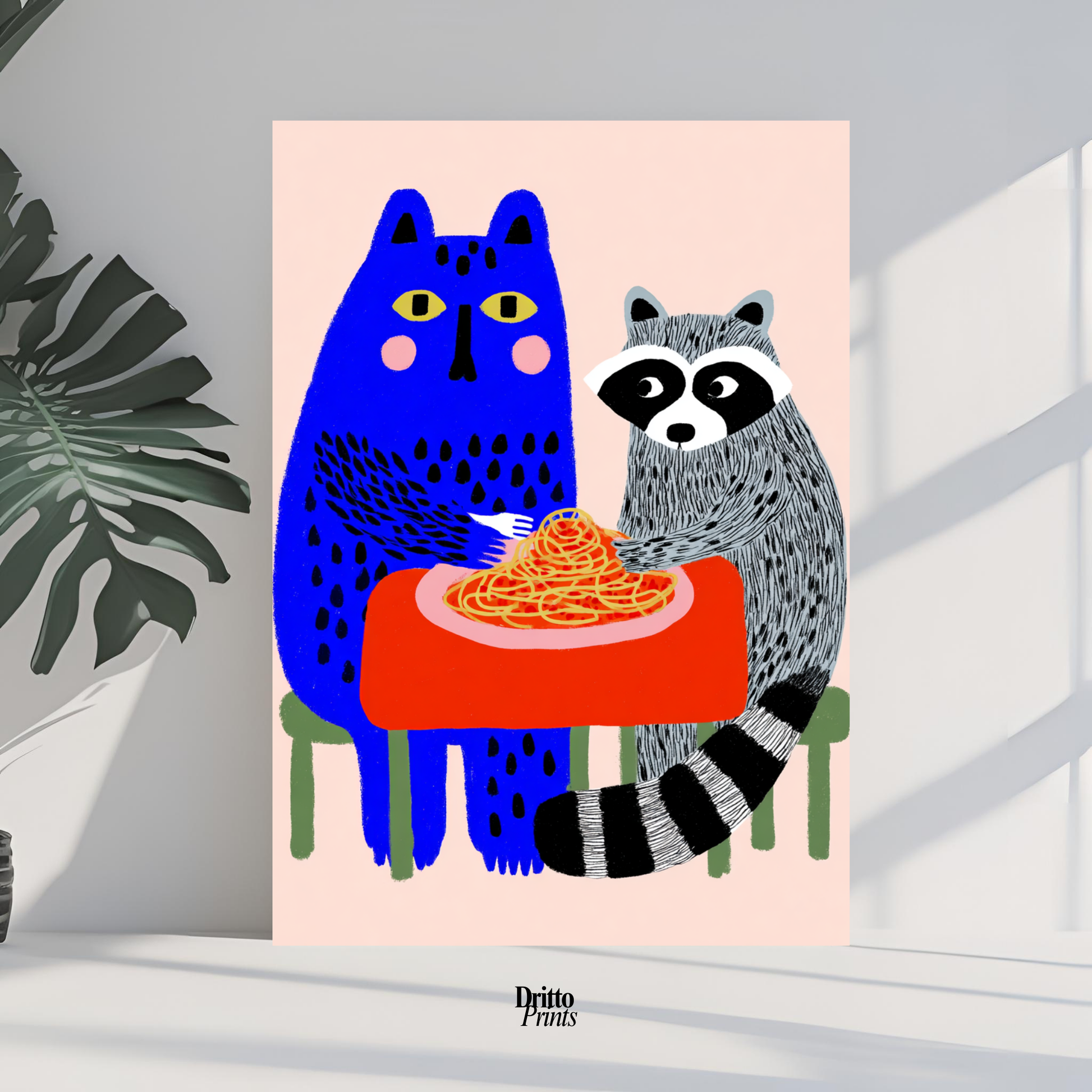 (PD44) Cat & Raccoon Dining Spaghetti - Poster