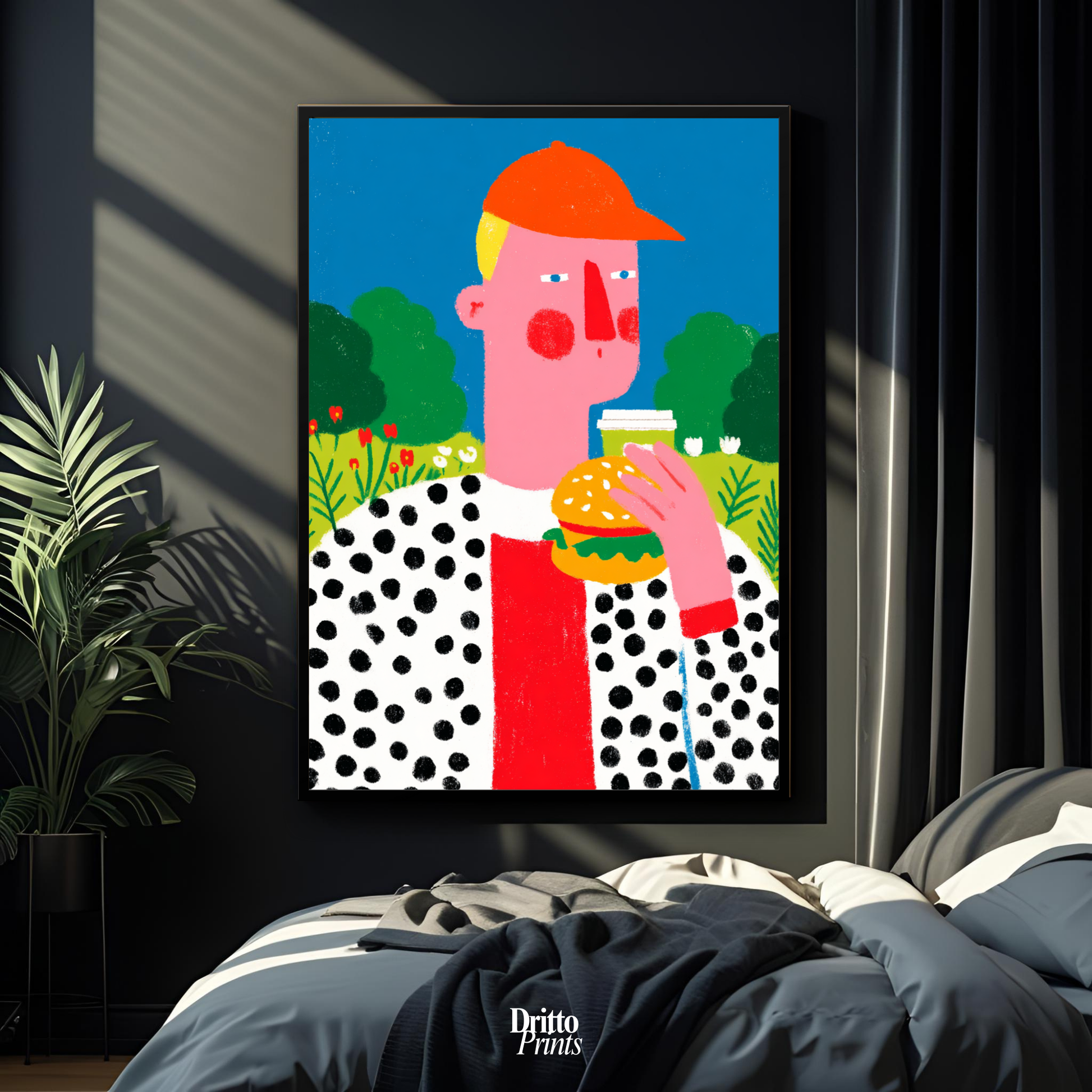 (FD45) Man Eating Burger in the Field –Framed matte paper poster