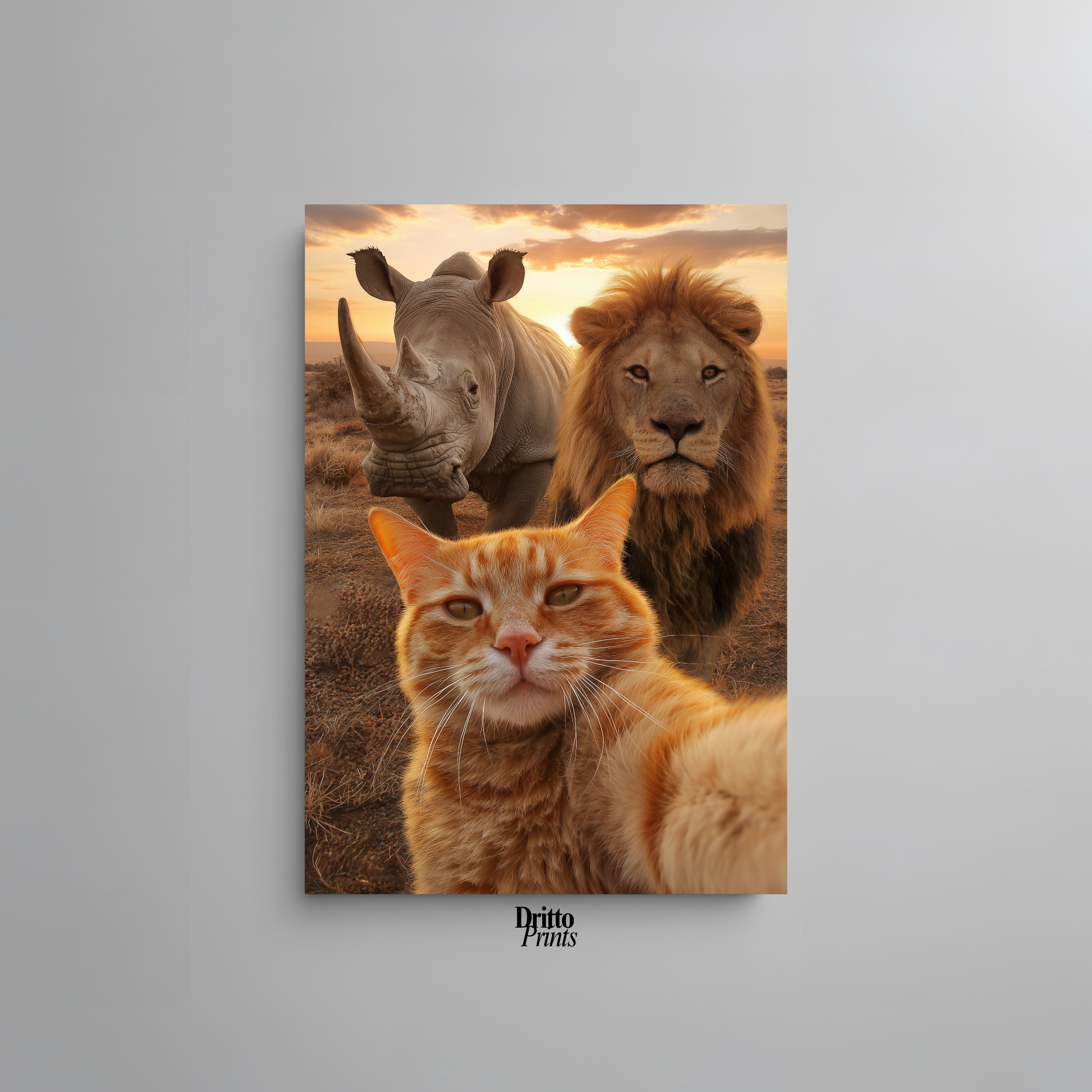 (PD26) Savannah Selfie: Tabby Cat, Lion & Rhino at Sunset Poster
