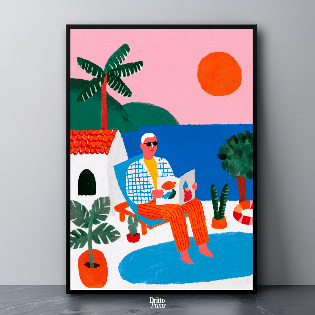 (FD37) Morning Glow by the Pool – 1980s Villa Scene Framed matte paper poster
