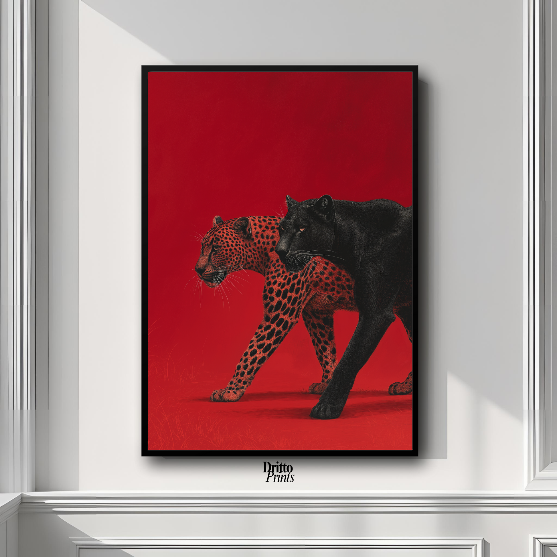 (FD32) Wild Pair – Black Panther & Cheetah Silhouette on Red Framed matte paper poster