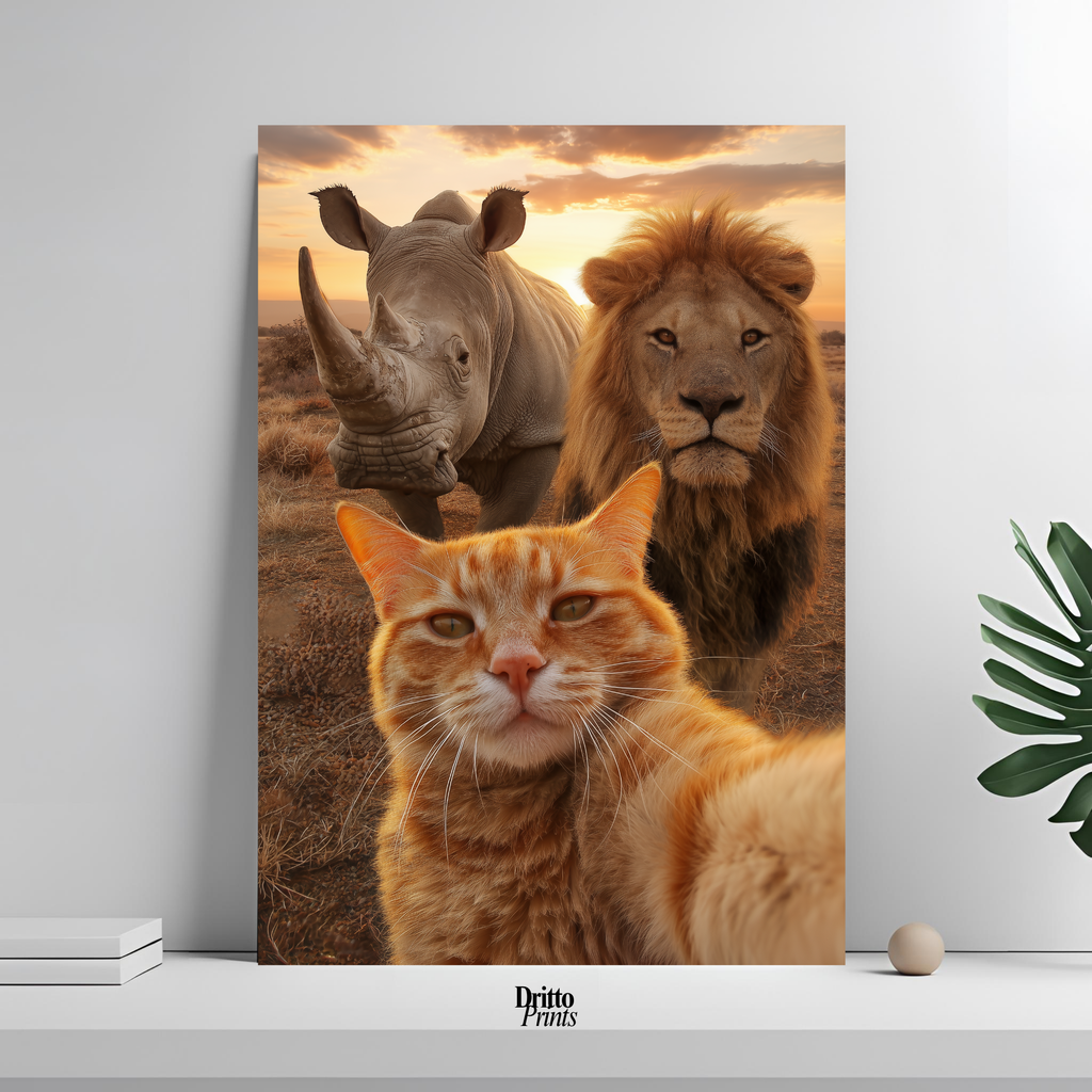 (PD26) Savannah Selfie: Tabby Cat, Lion & Rhino at Sunset Poster