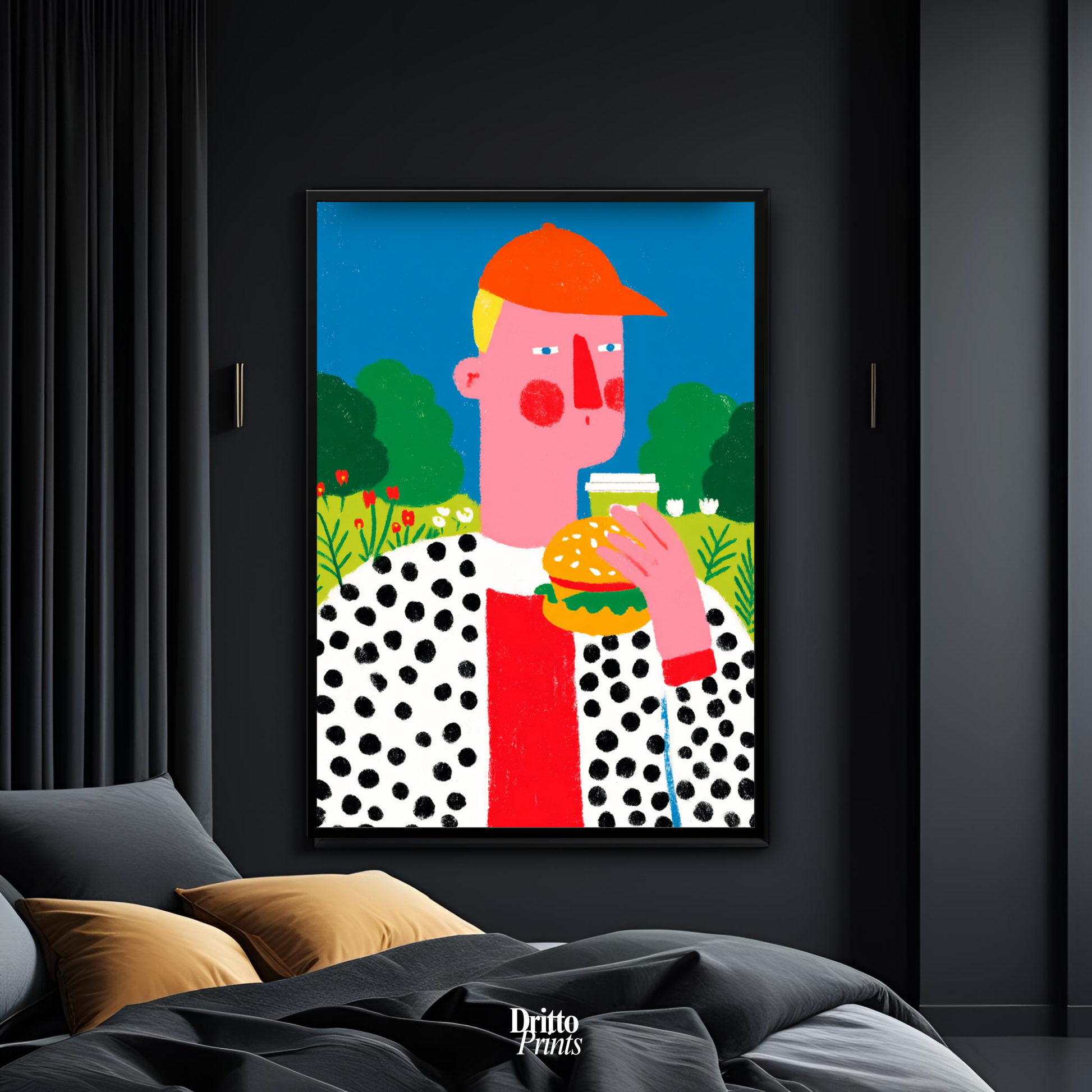 (FD45) Man Eating Burger in the Field –Framed matte paper poster