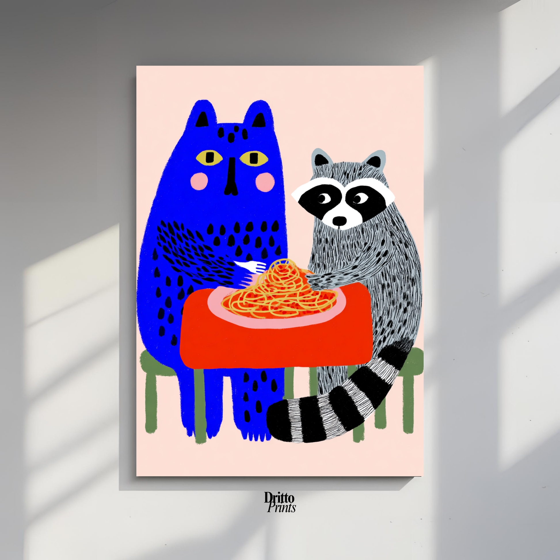 (PD44) Cat & Raccoon Dining Spaghetti - Poster