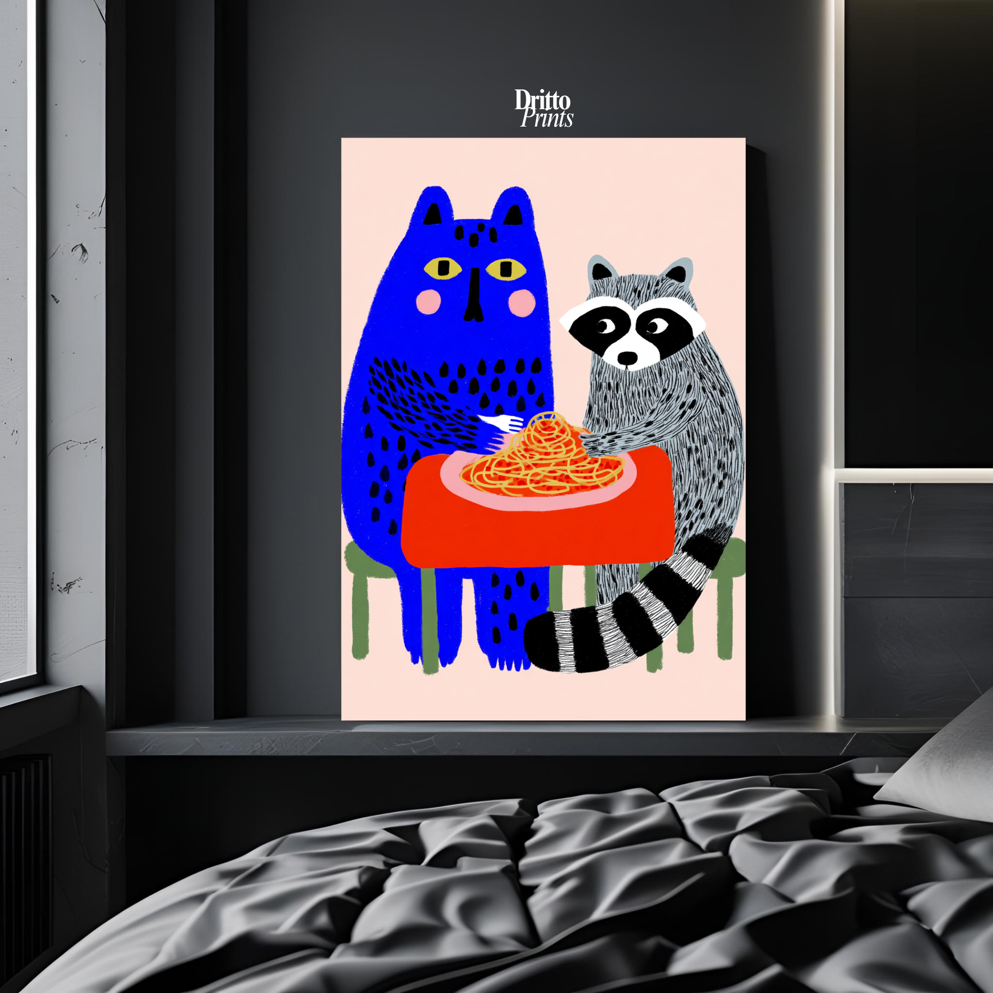 (PD44) Cat & Raccoon Dining Spaghetti - Poster