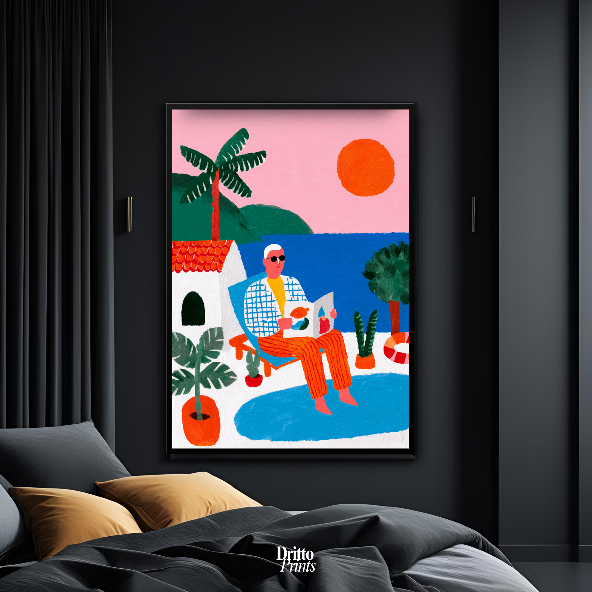 (FD37) Morning Glow by the Pool – 1980s Villa Scene Framed matte paper poster