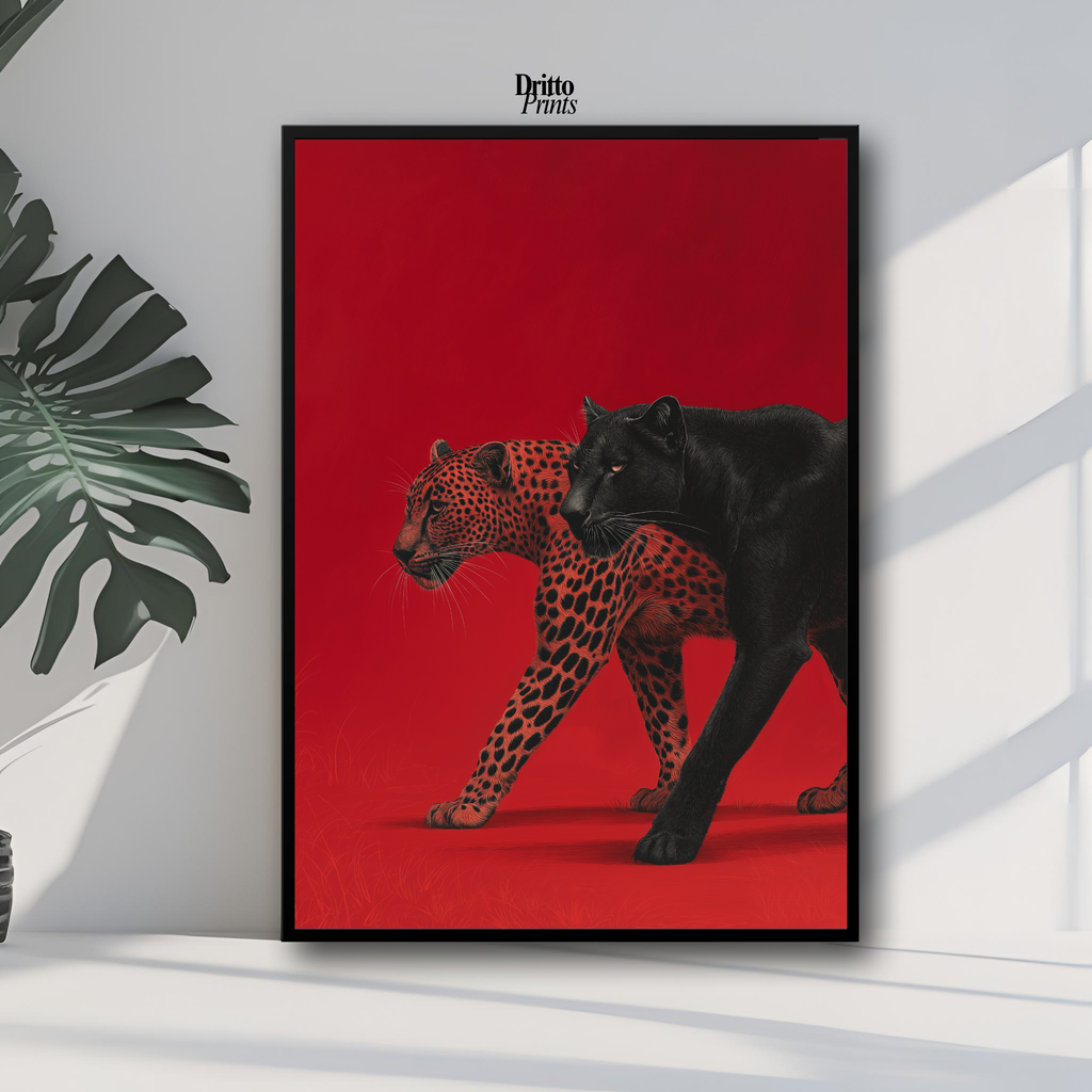 (FD32) Wild Pair – Black Panther & Cheetah Silhouette on Red Framed matte paper poster