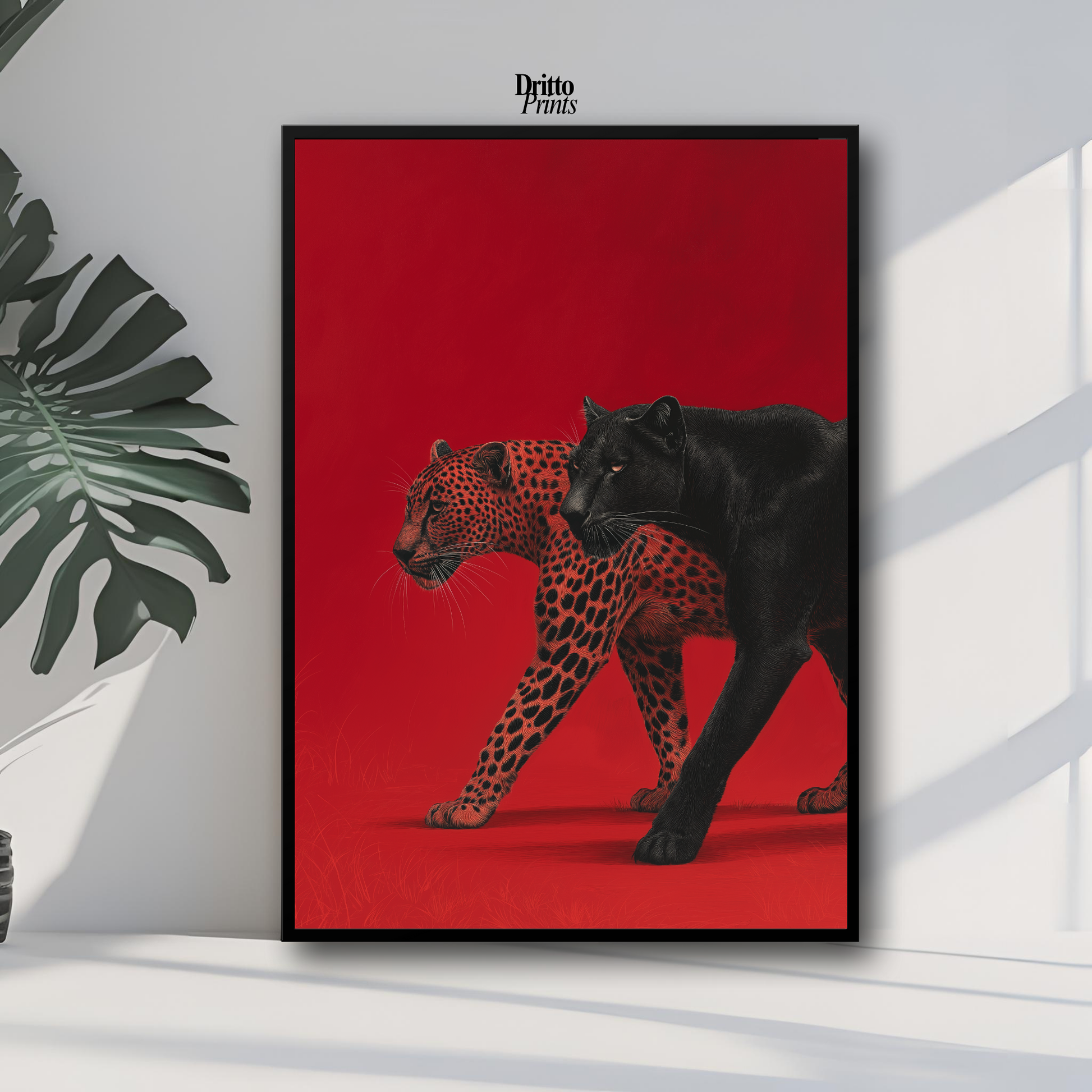 (FD32) Wild Pair – Black Panther & Cheetah Silhouette on Red Framed matte paper poster