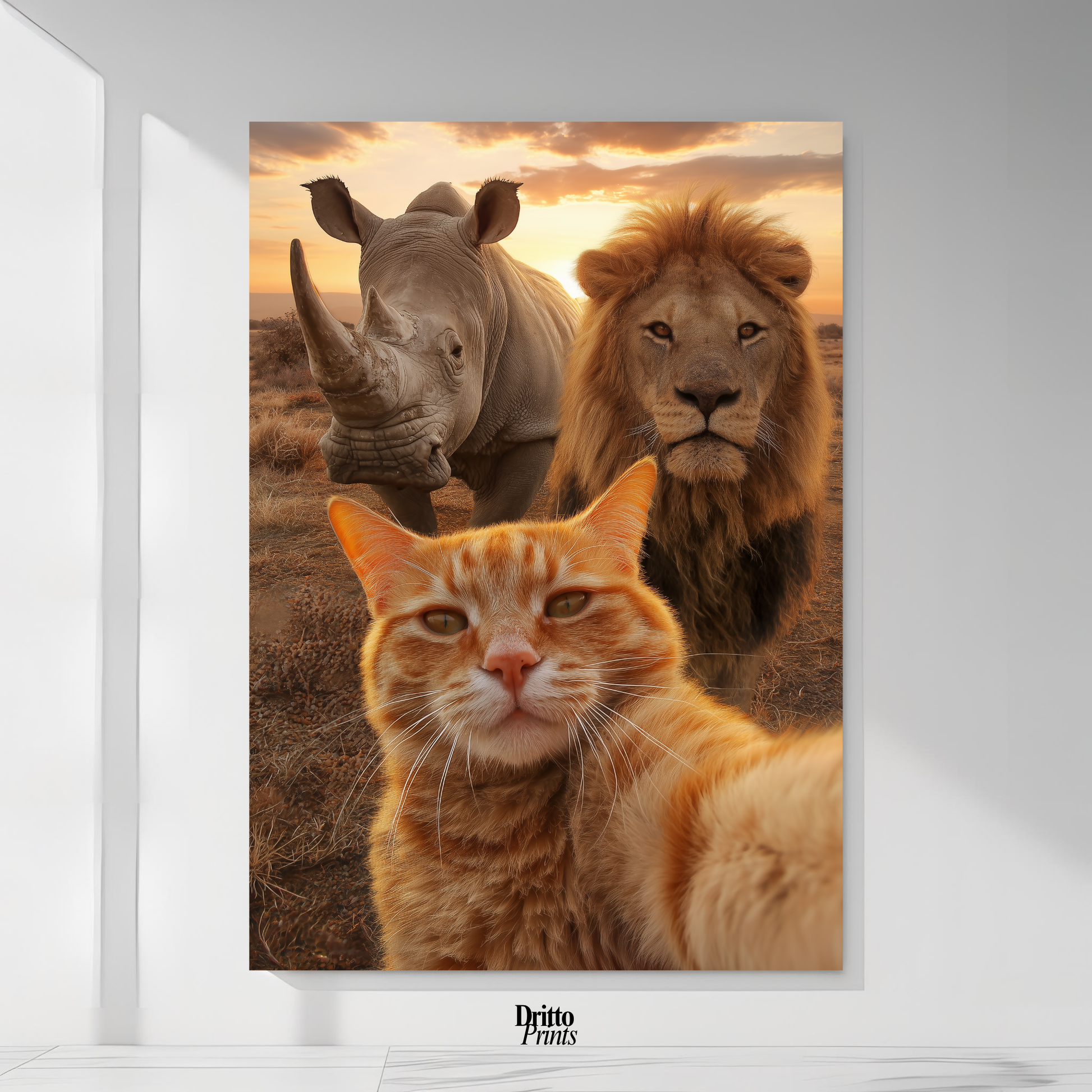 (PD26) Savannah Selfie: Tabby Cat, Lion & Rhino at Sunset Poster