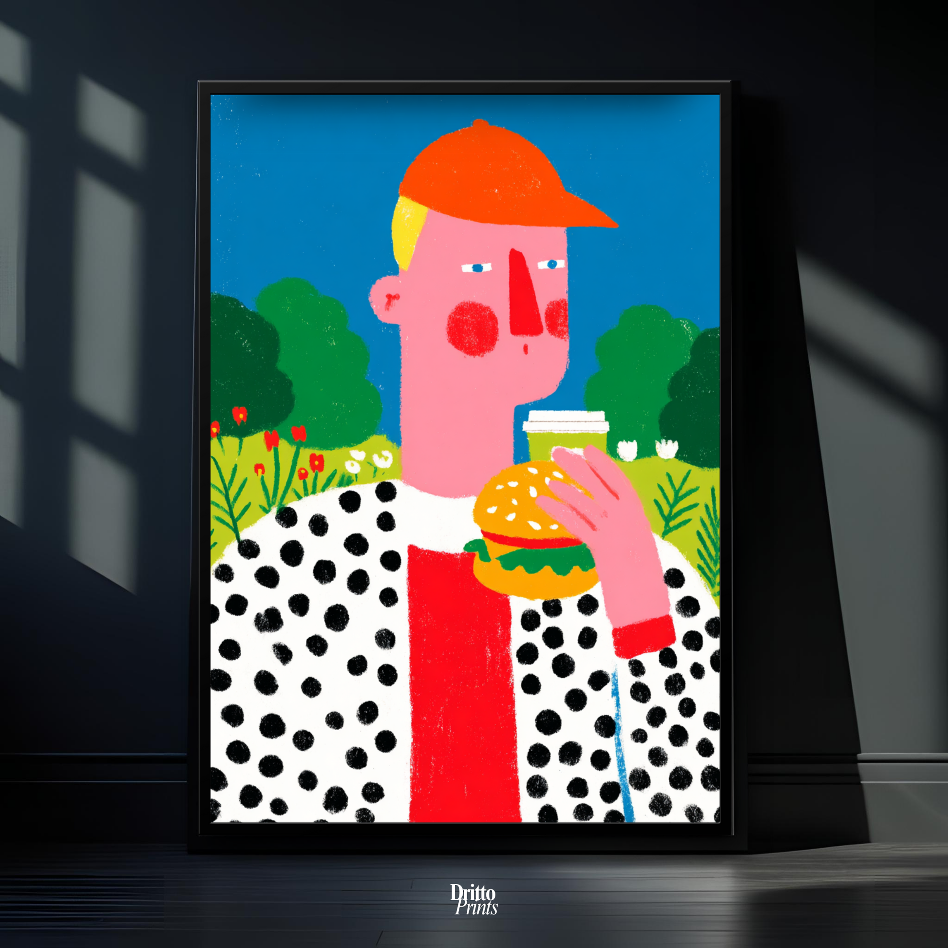 (FD45) Man Eating Burger in the Field –Framed matte paper poster