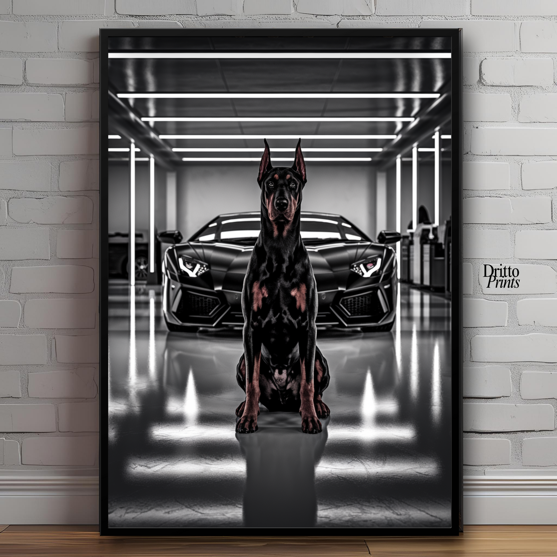 (FD6) The Garage King – Doberman and Aventador - Framed matte paper poster
