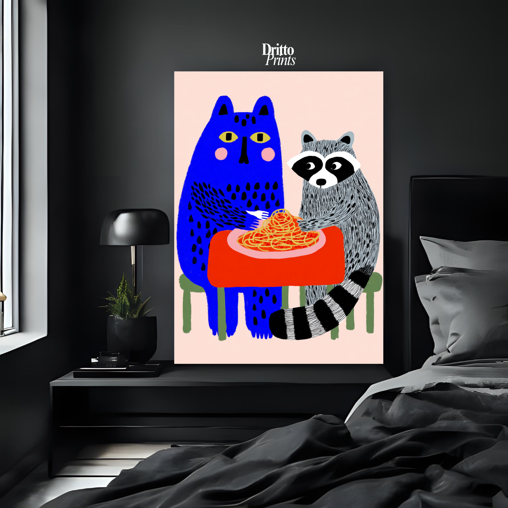 (PD44) Cat & Raccoon Dining Spaghetti - Poster