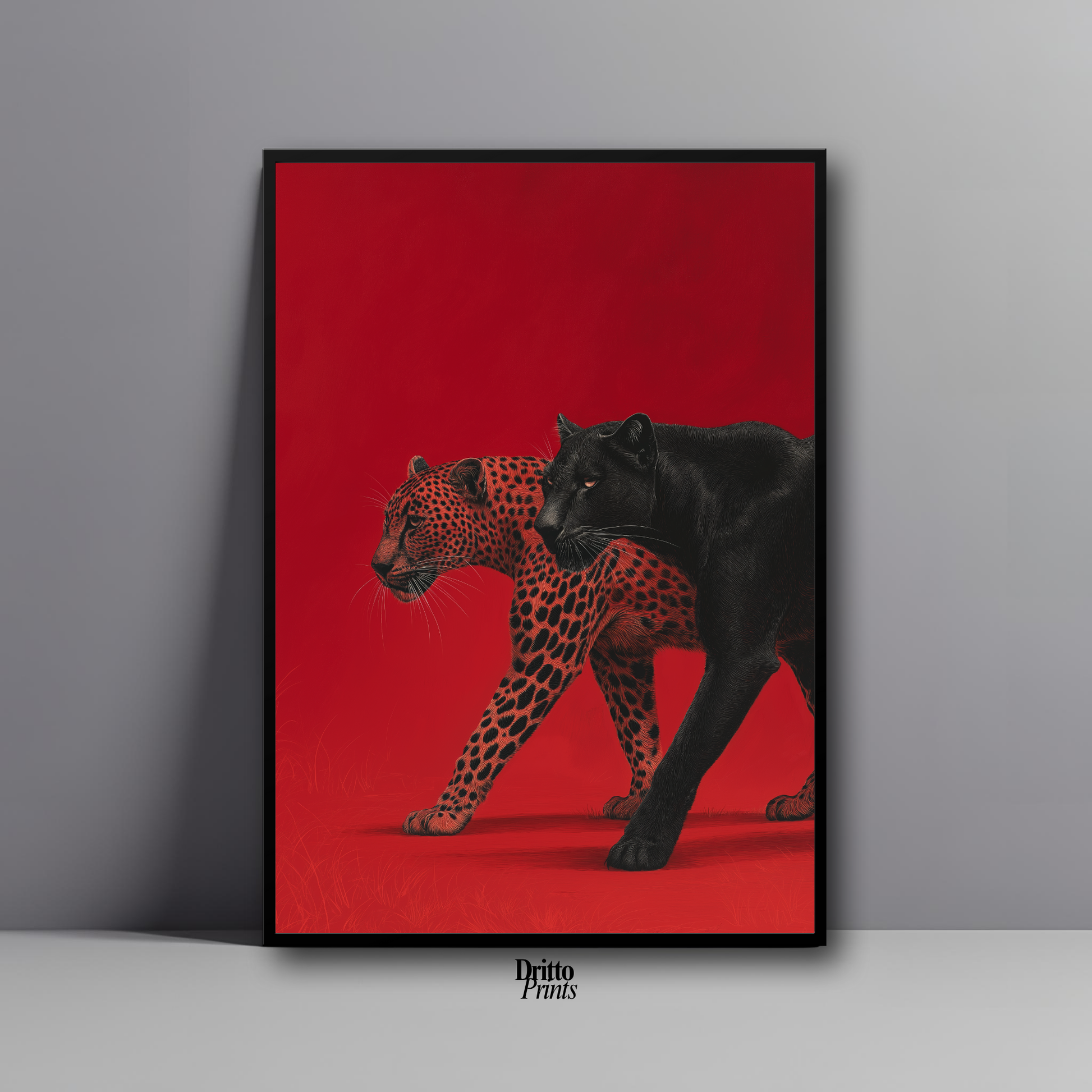 (FD32) Wild Pair – Black Panther & Cheetah Silhouette on Red Framed matte paper poster