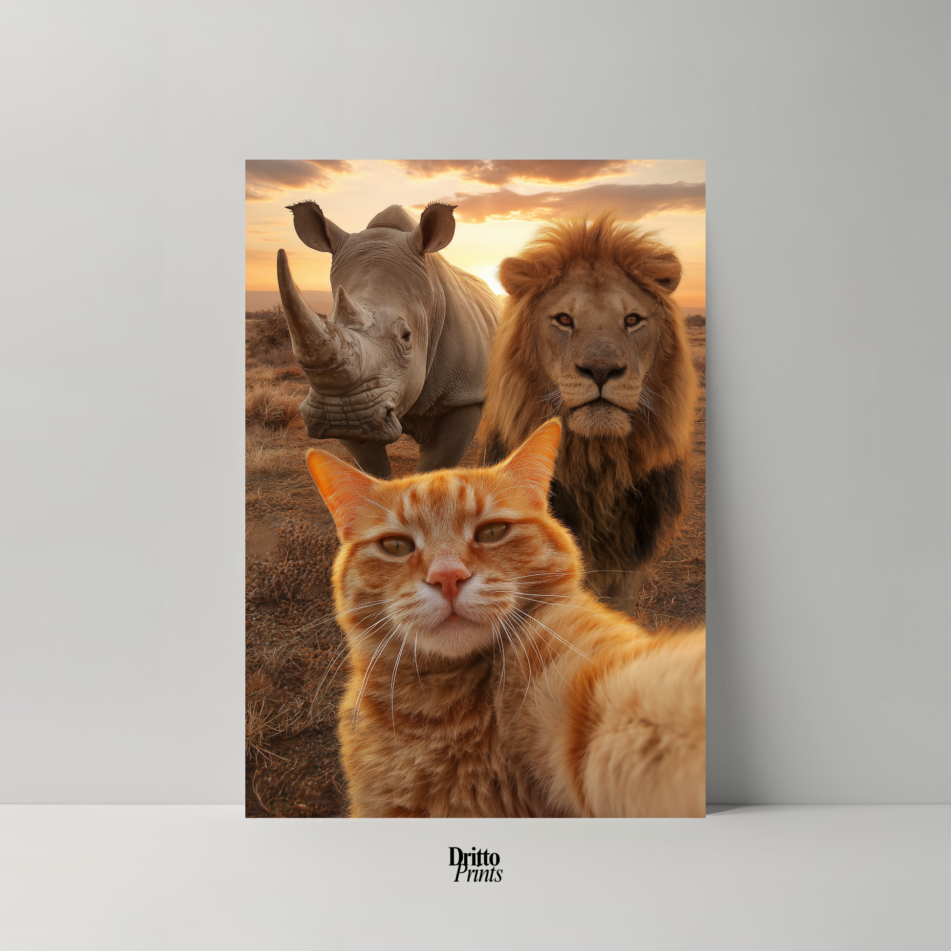 (PD26) Savannah Selfie: Tabby Cat, Lion & Rhino at Sunset Poster