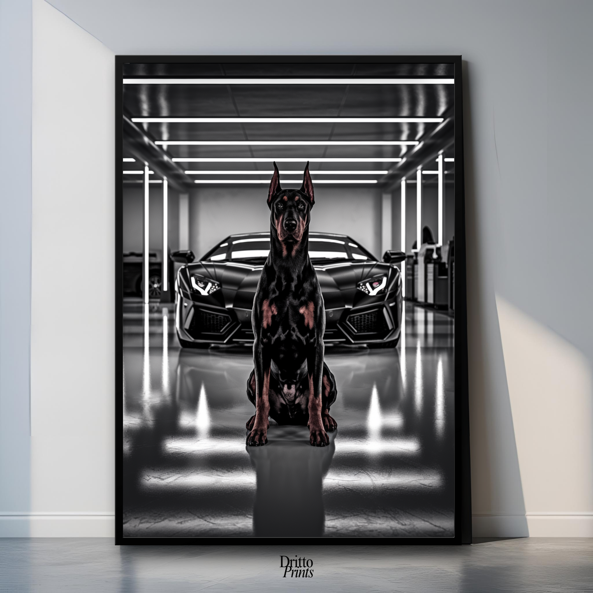 (FD6) The Garage King – Doberman and Aventador - Framed matte paper poster