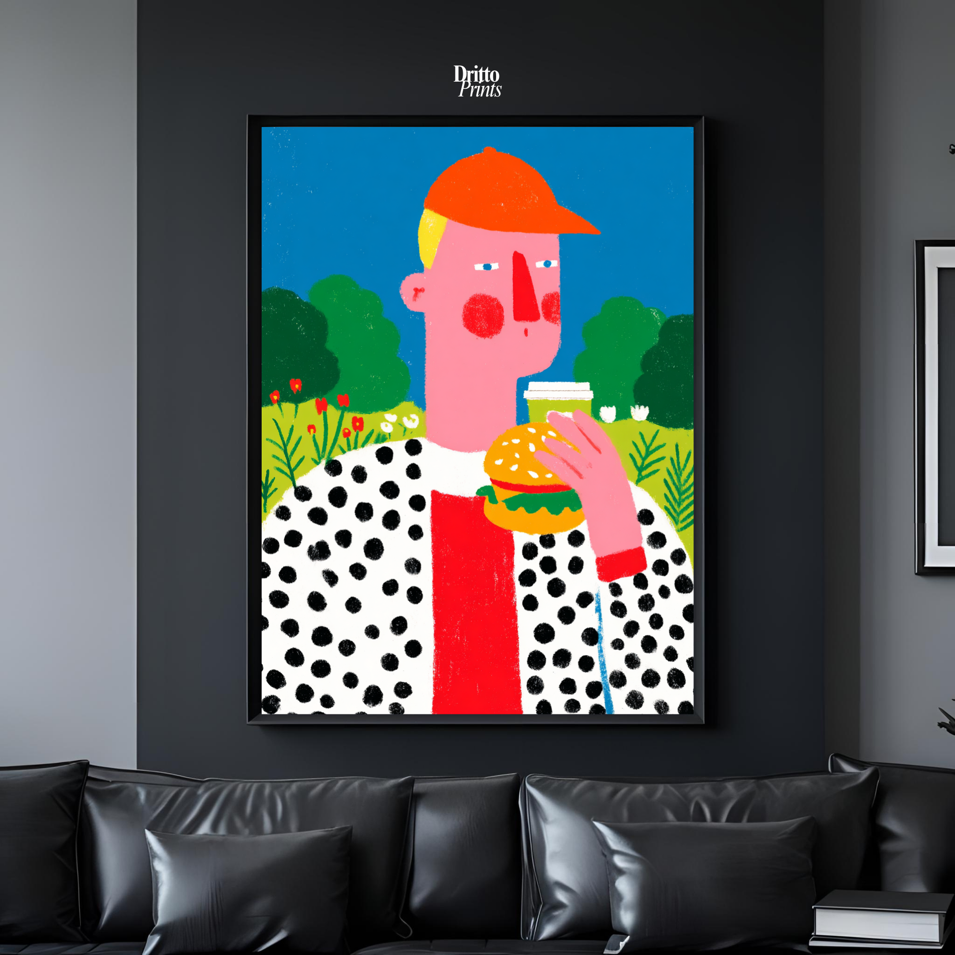 (FD45) Man Eating Burger in the Field –Framed matte paper poster