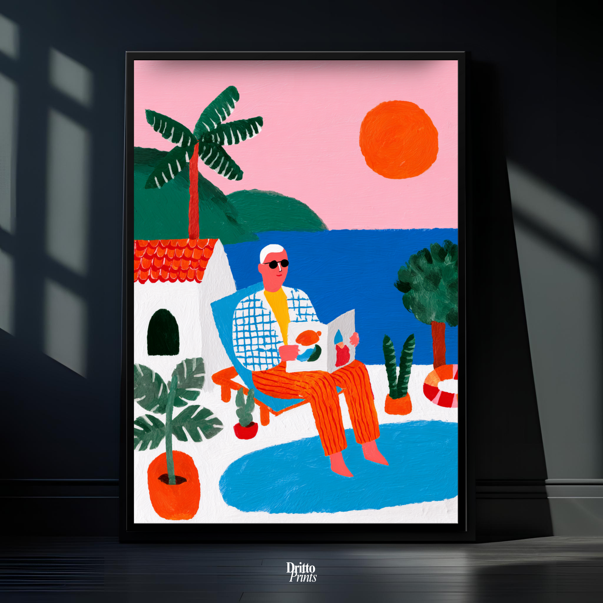 (FD37) Morning Glow by the Pool – 1980s Villa Scene Framed matte paper poster