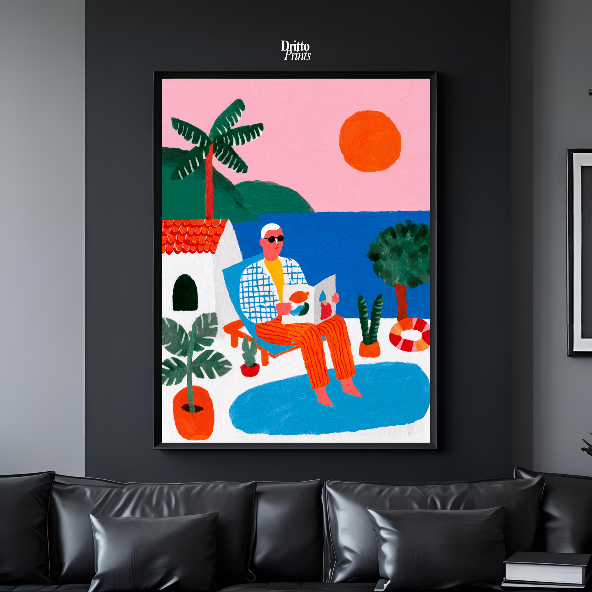 (FD37) Morning Glow by the Pool – 1980s Villa Scene Framed matte paper poster