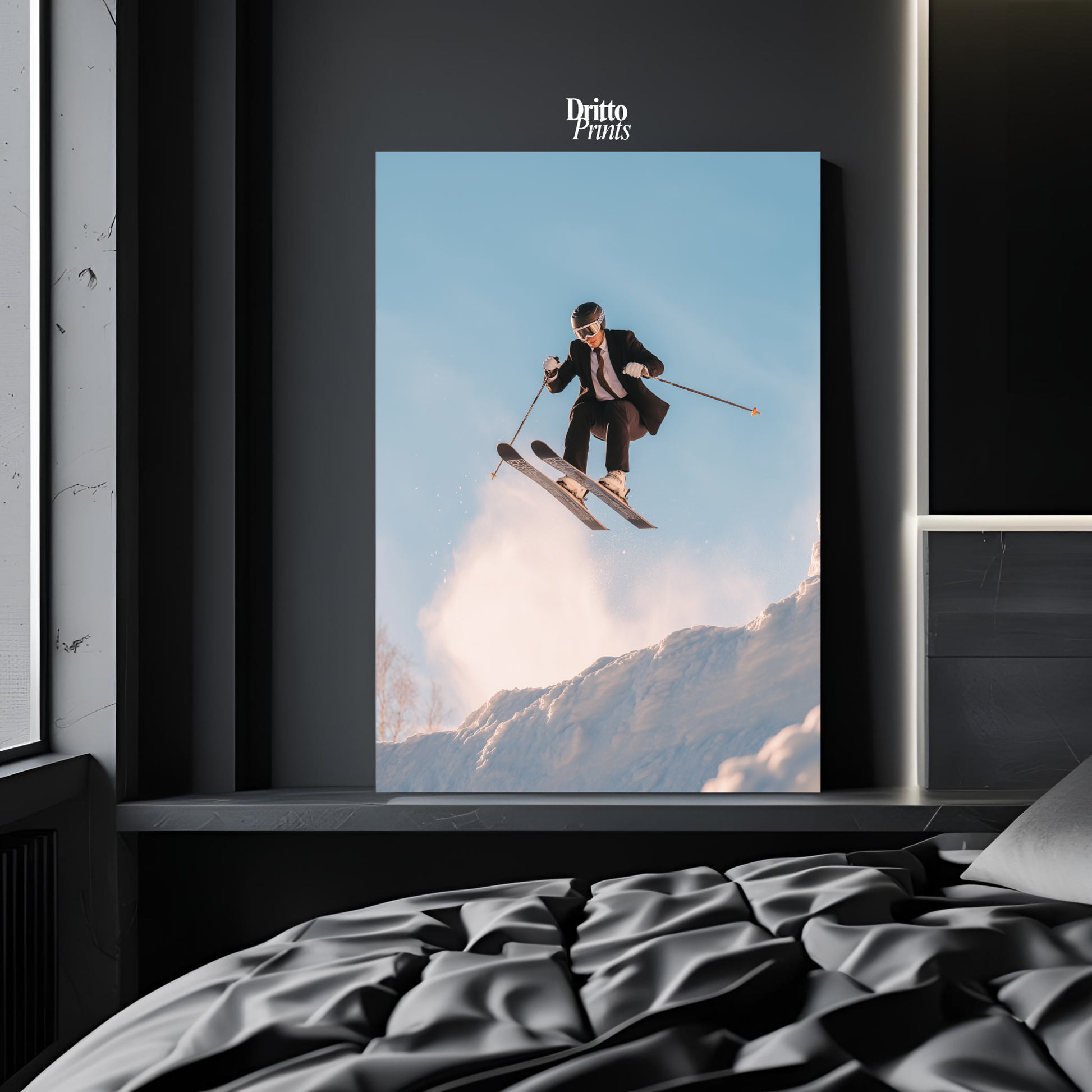 (PD27) Executive Takeoff – Skier in Suit Mid-Jump Poster