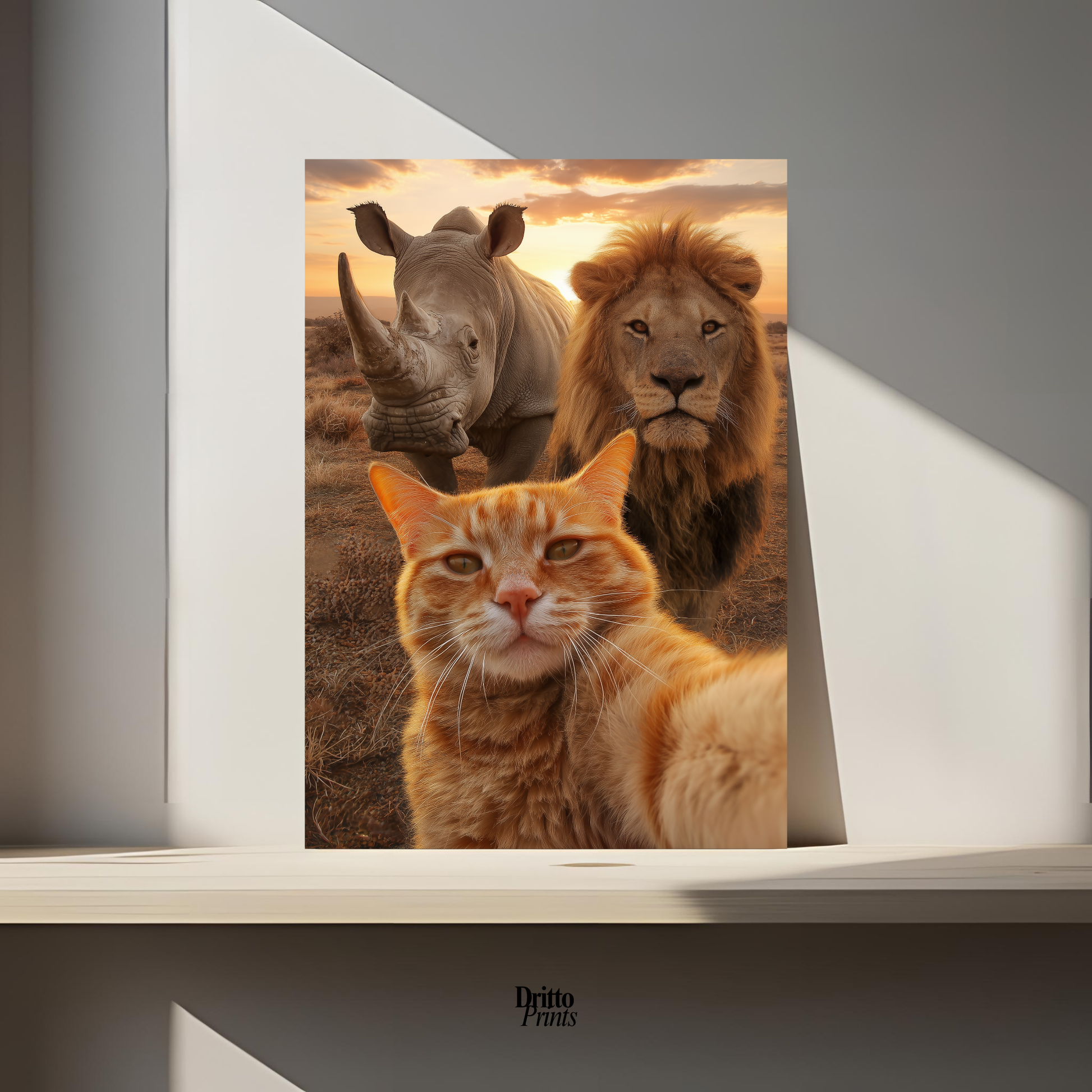 (PD26) Savannah Selfie: Tabby Cat, Lion & Rhino at Sunset Poster