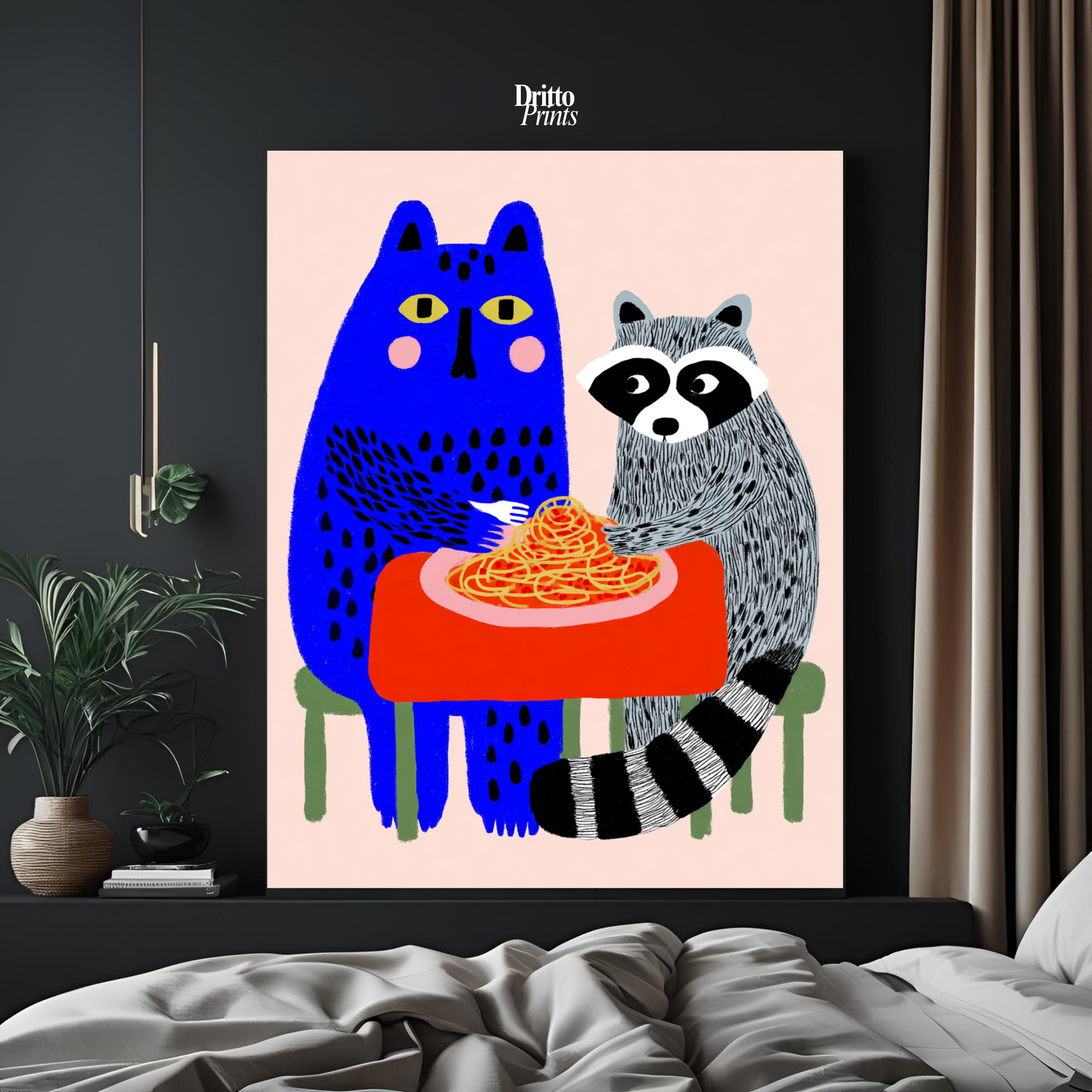 (PD44) Cat & Raccoon Dining Spaghetti - Poster