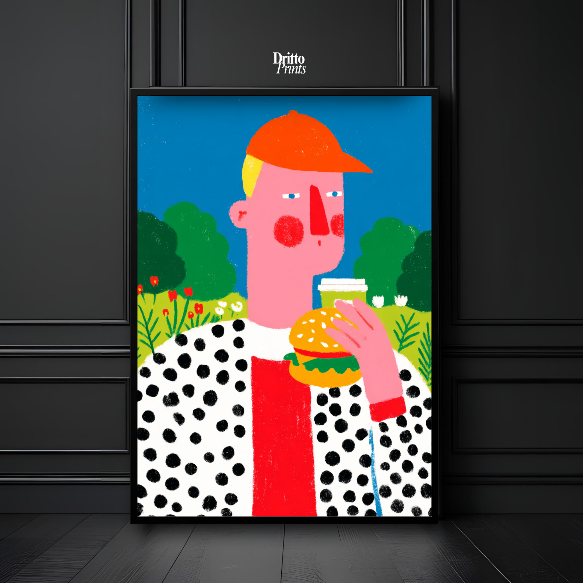 (FD45) Man Eating Burger in the Field –Framed matte paper poster
