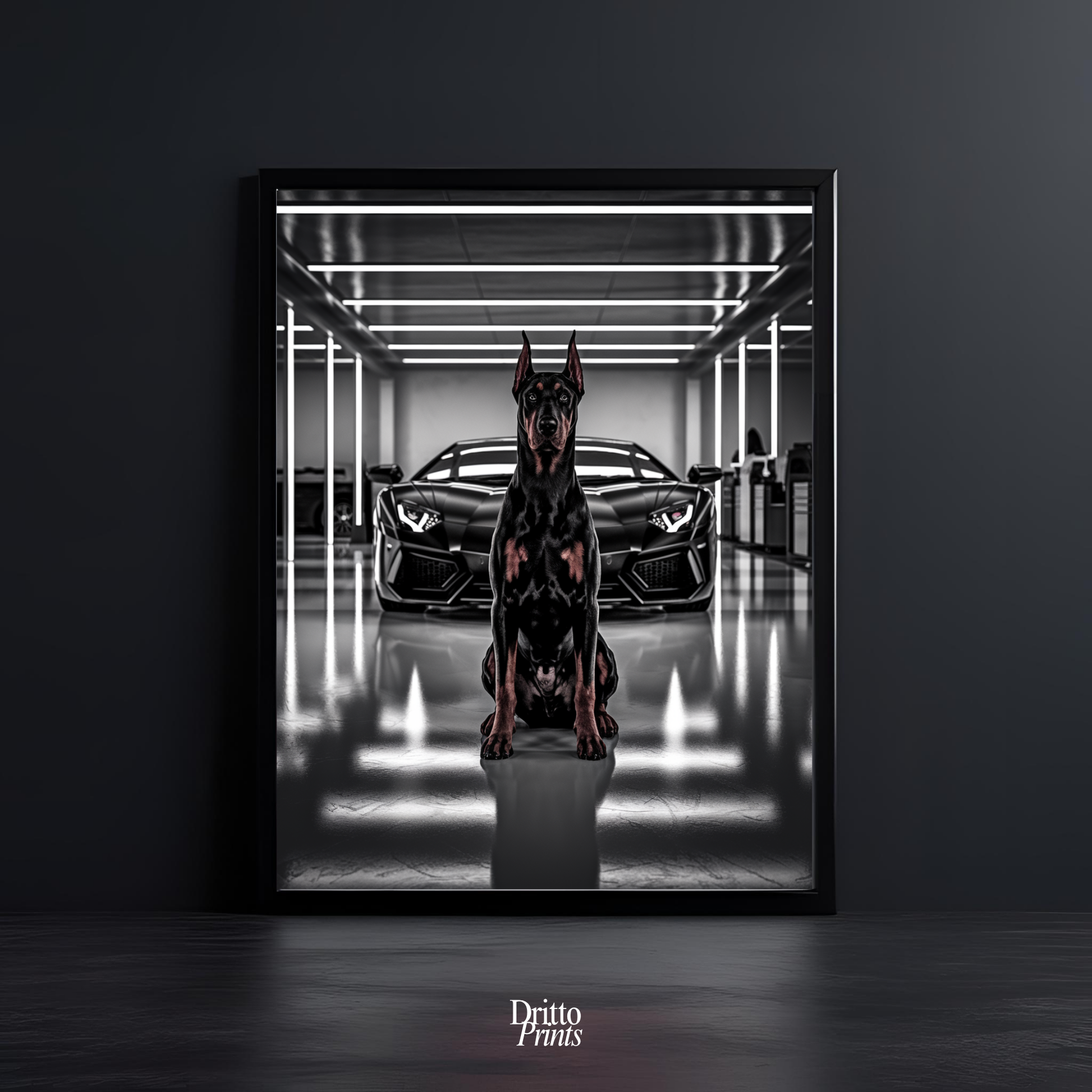 (FD6) The Garage King – Doberman and Aventador - Framed matte paper poster