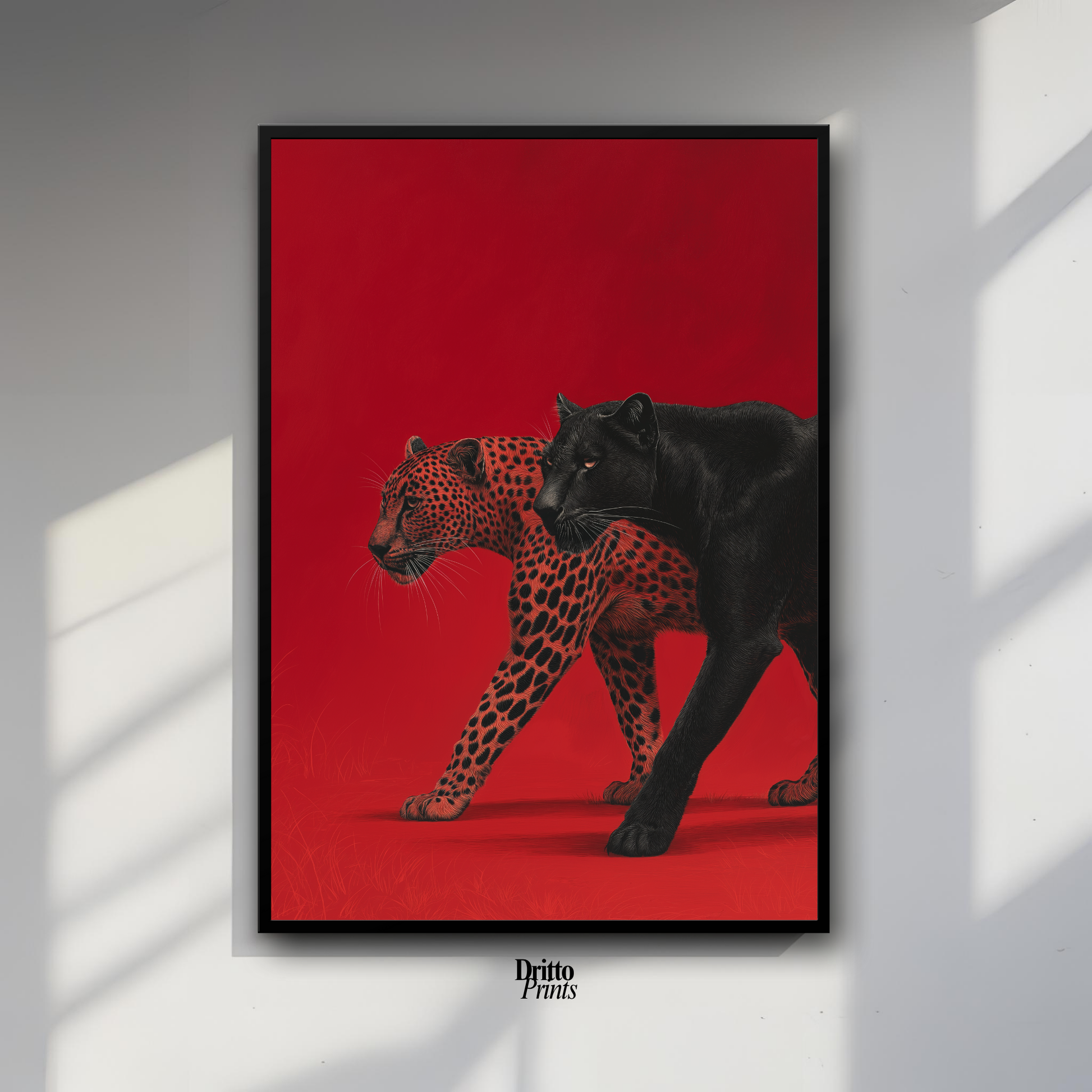 (FD32) Wild Pair – Black Panther & Cheetah Silhouette on Red Framed matte paper poster