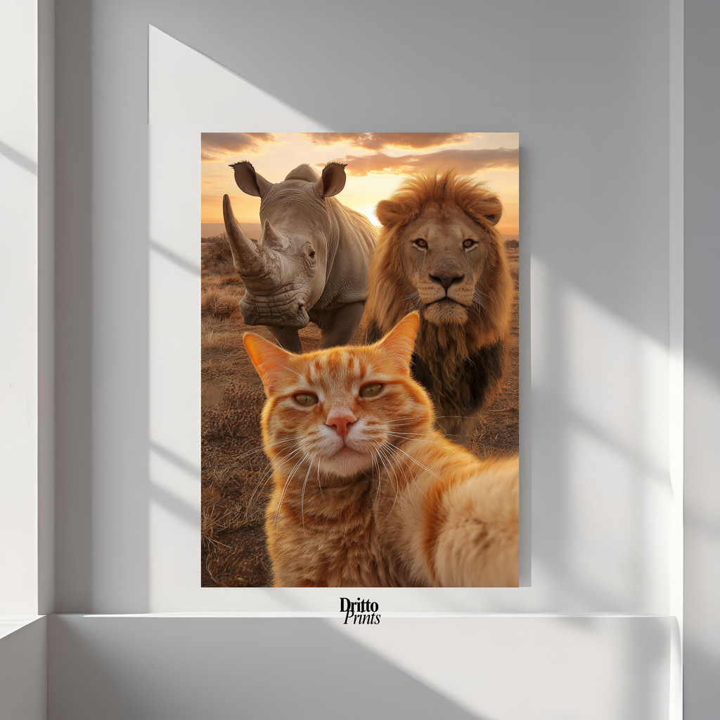 (PD26) Savannah Selfie: Tabby Cat, Lion & Rhino at Sunset Poster