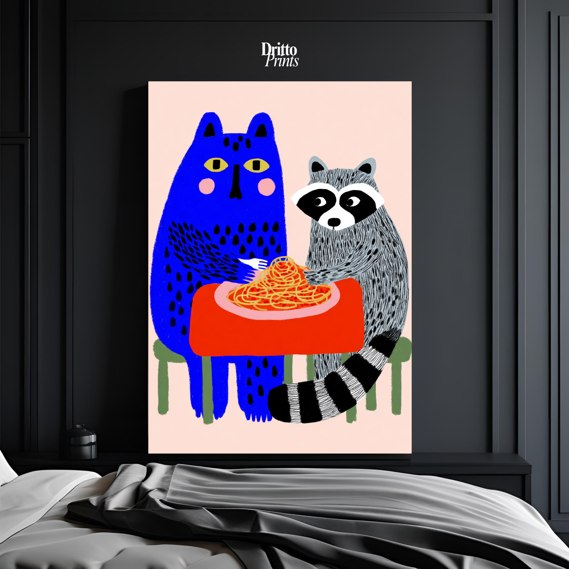 (PD44) Cat & Raccoon Dining Spaghetti - Poster