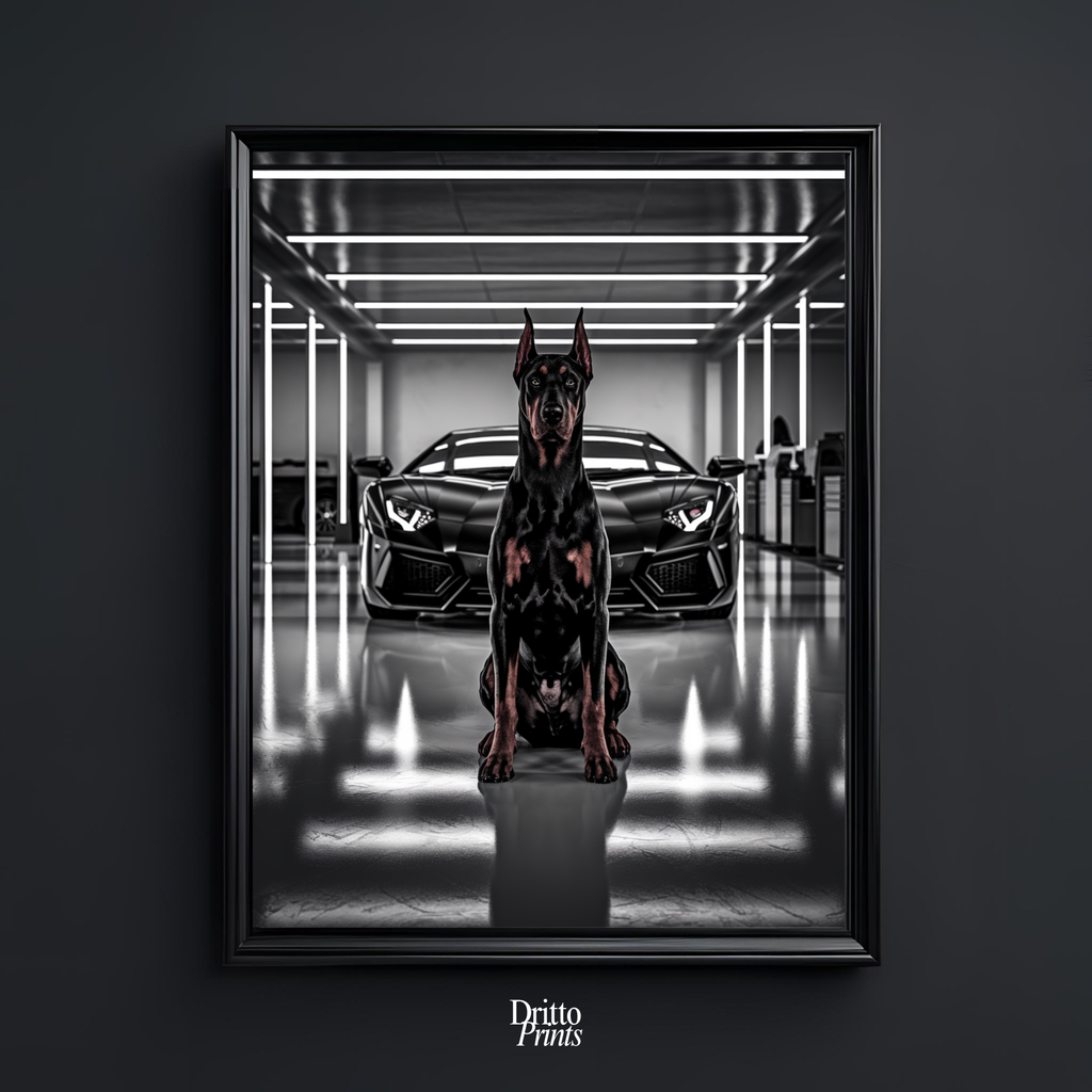(FD6) The Garage King – Doberman and Aventador - Framed matte paper poster