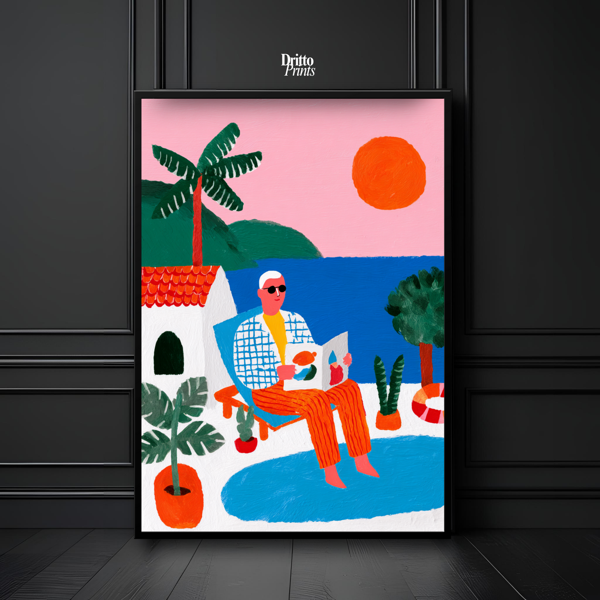 (FD37) Morning Glow by the Pool – 1980s Villa Scene Framed matte paper poster