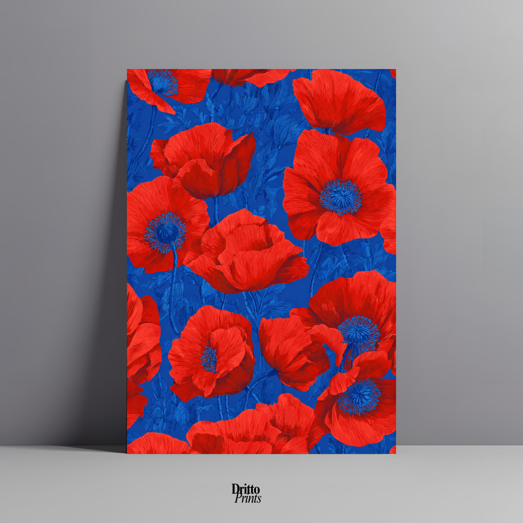 (CD9) Deco Bloom – Red Poppies on Blue Canvas