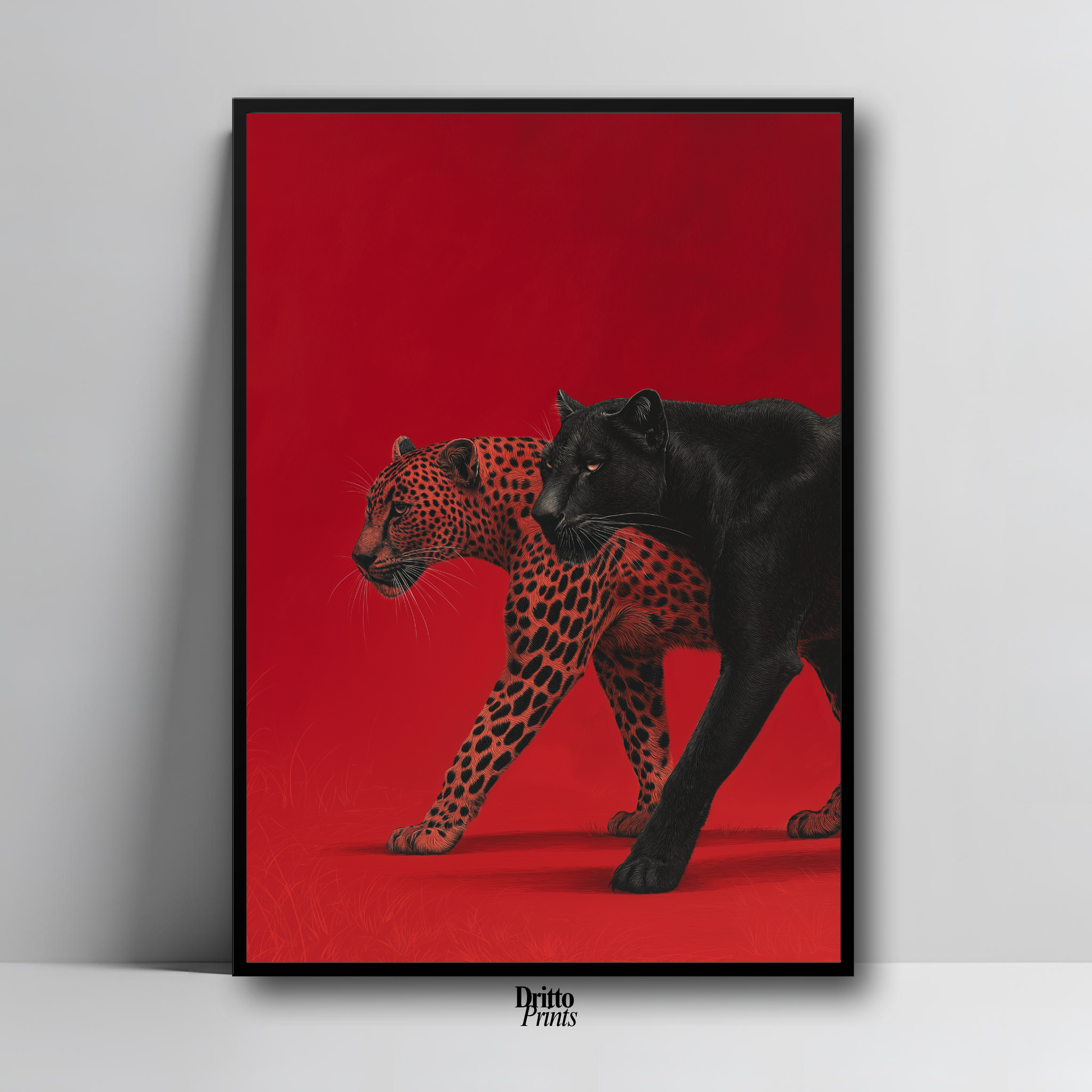 (FD32) Wild Pair – Black Panther & Cheetah Silhouette on Red Framed matte paper poster