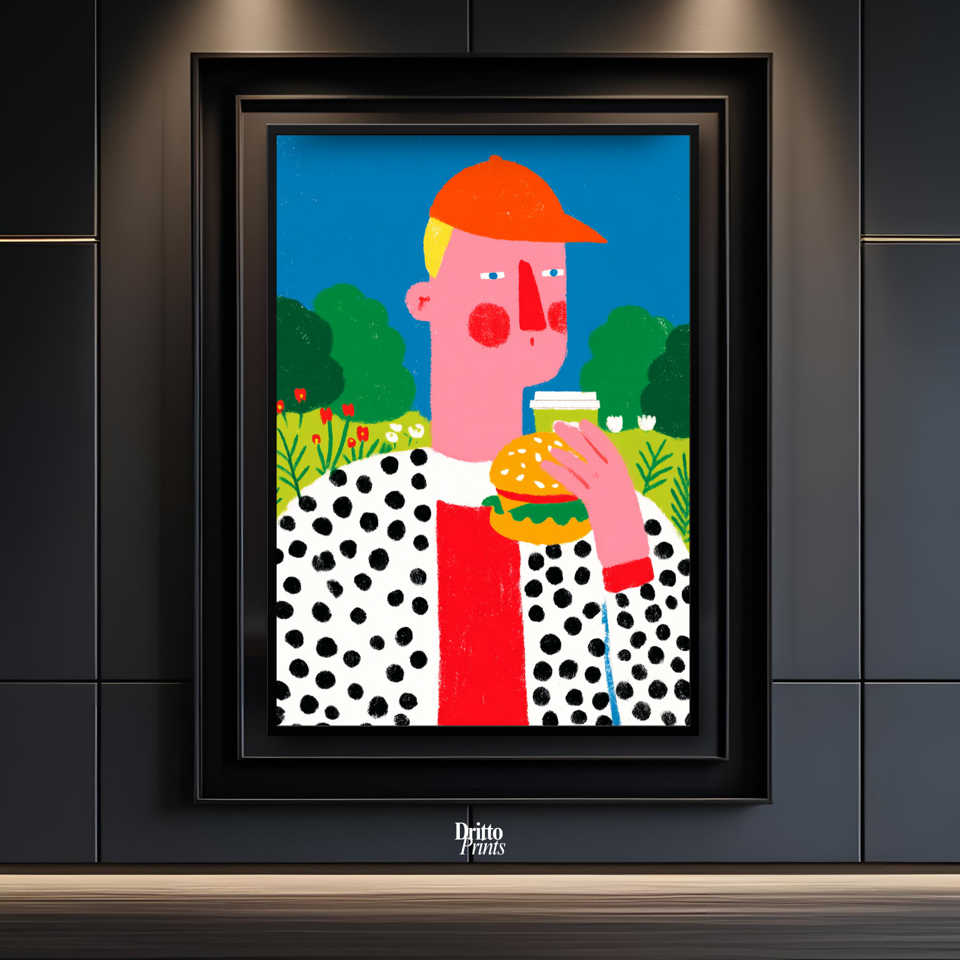 (FD45) Man Eating Burger in the Field –Framed matte paper poster